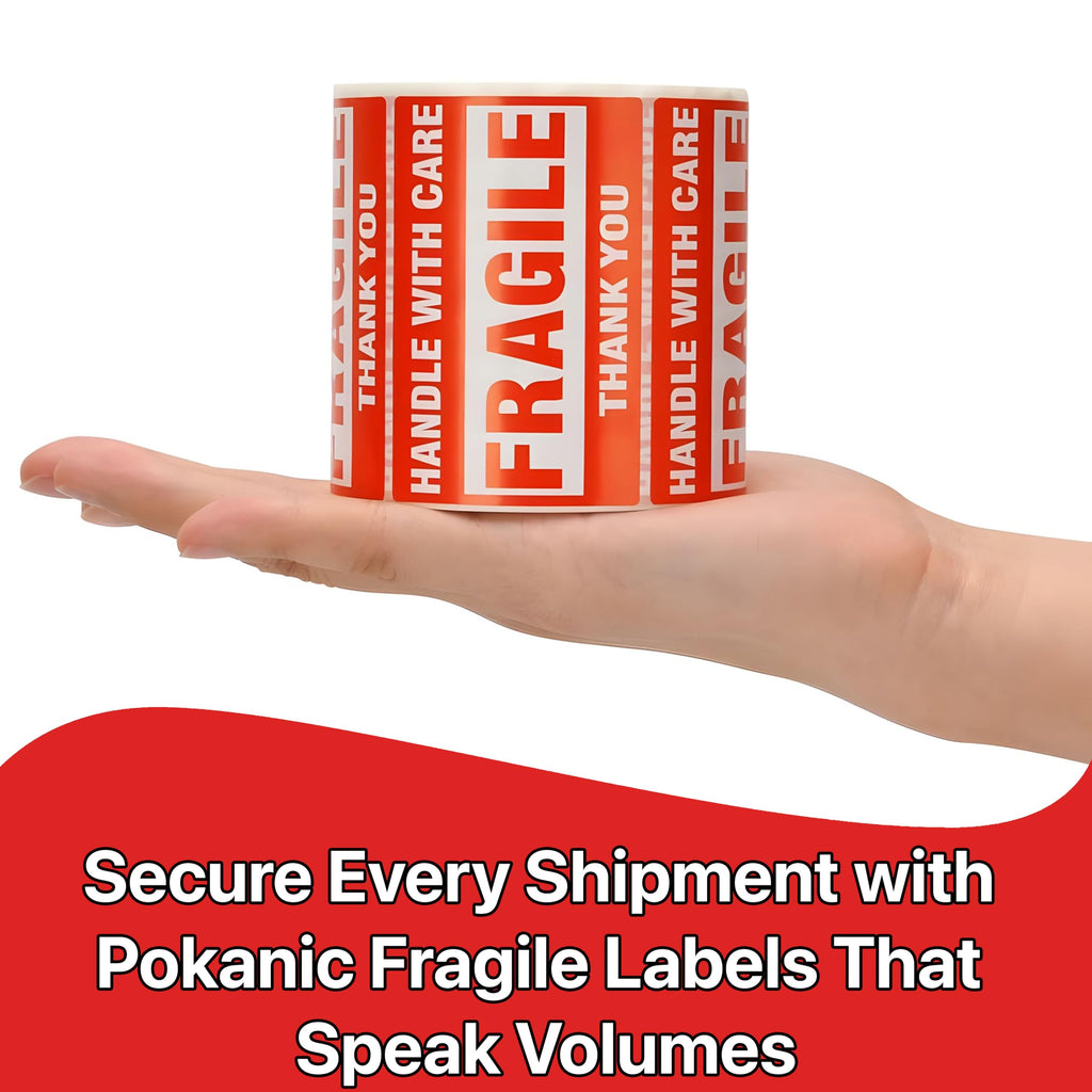 Pokanic Fragile x 500 Stickers Per Roll Handle with Care - Thank You Warning Red Permanent Adhesive Labels for Shipping Moving Packing