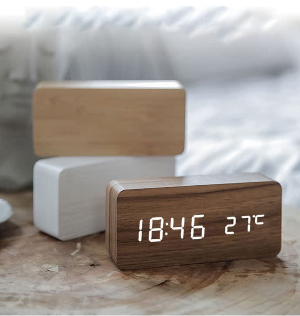 Pokanic Wood Digital Alarm Clock Desk Time, Date(MM/DD/YY), Day of The Week, Temperature, Nightlight Large LED Display Portable Lamp Bedroom, Office, School, Home, Livingroom, Room