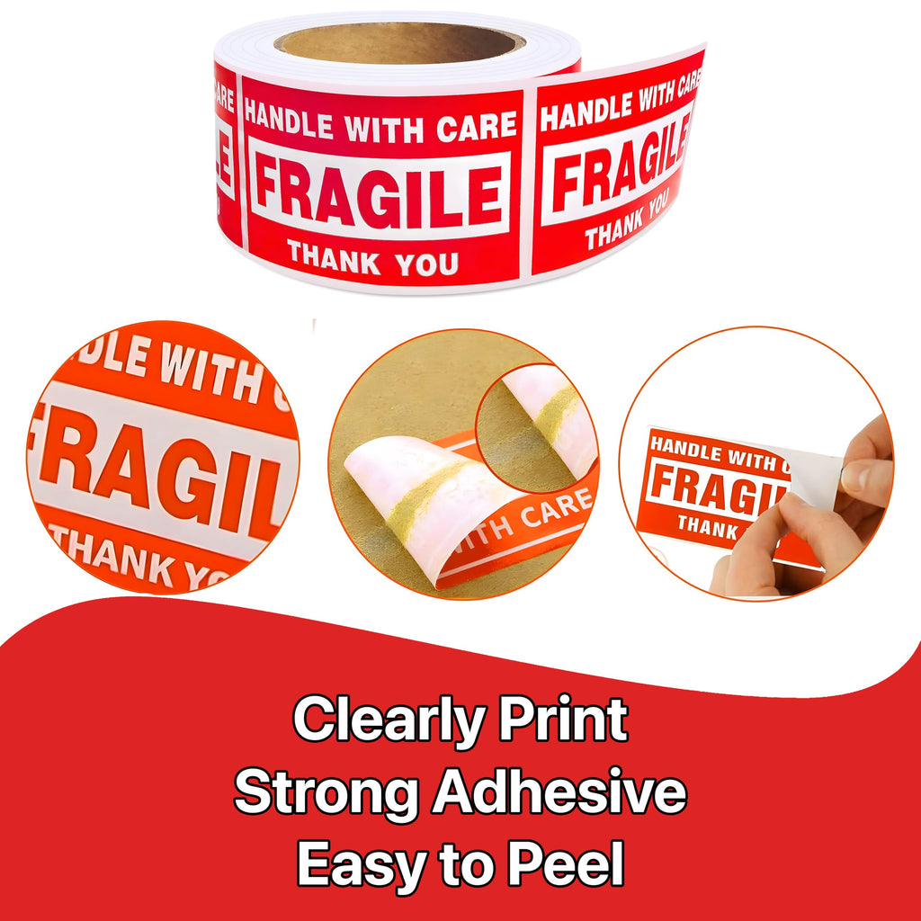 Pokanic Fragile x 500 Stickers Per Roll Handle with Care - Thank You Warning Red Permanent Adhesive Labels for Shipping Moving Packing