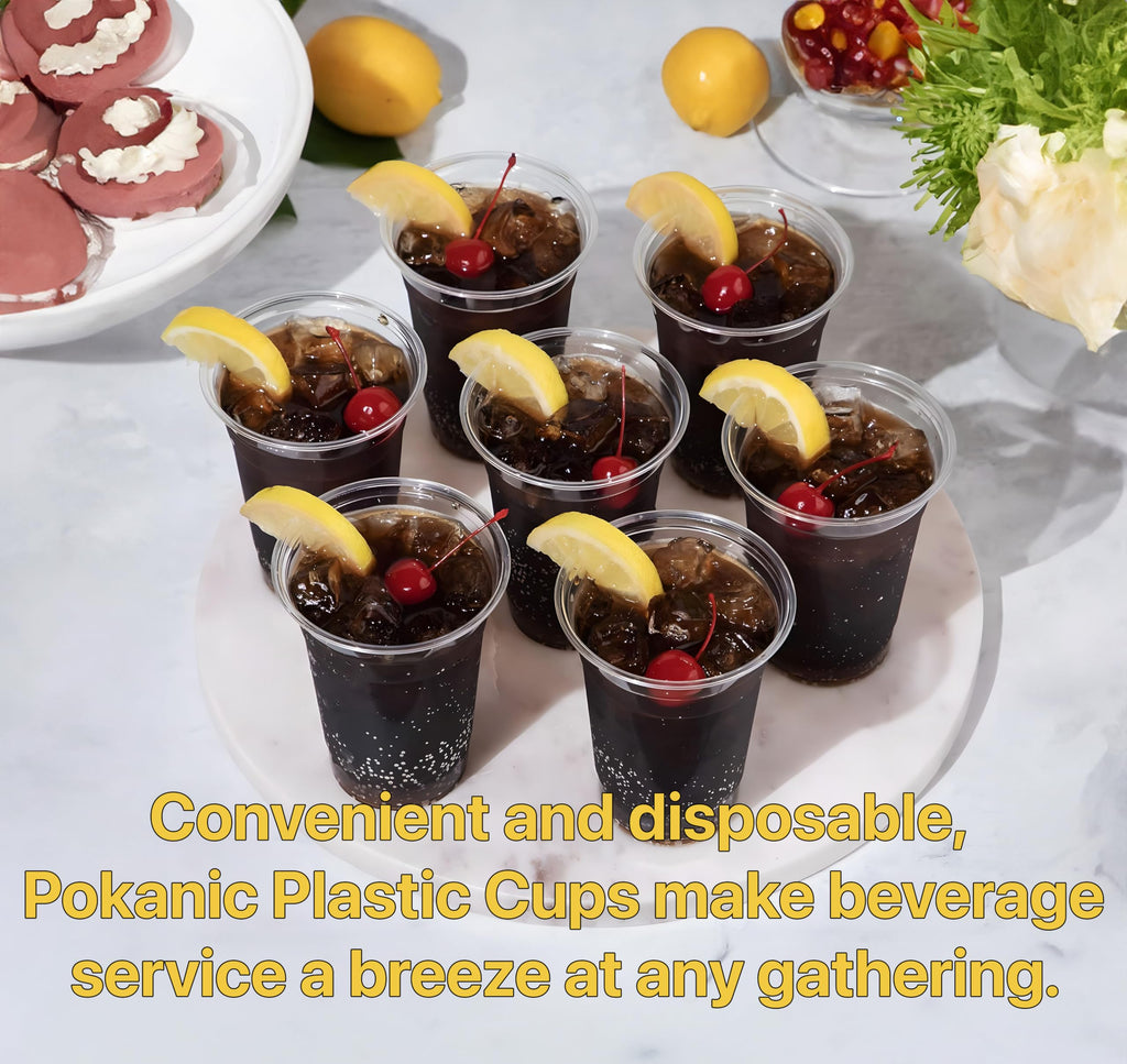 Pokanic Plastic Clear Cups [ oz] with Lids and Straws [ Set] Disposable Cold Beverage Drinking Iced Coffee Water Juice Tea Party Travel Cafe School Office Home Kitchen
