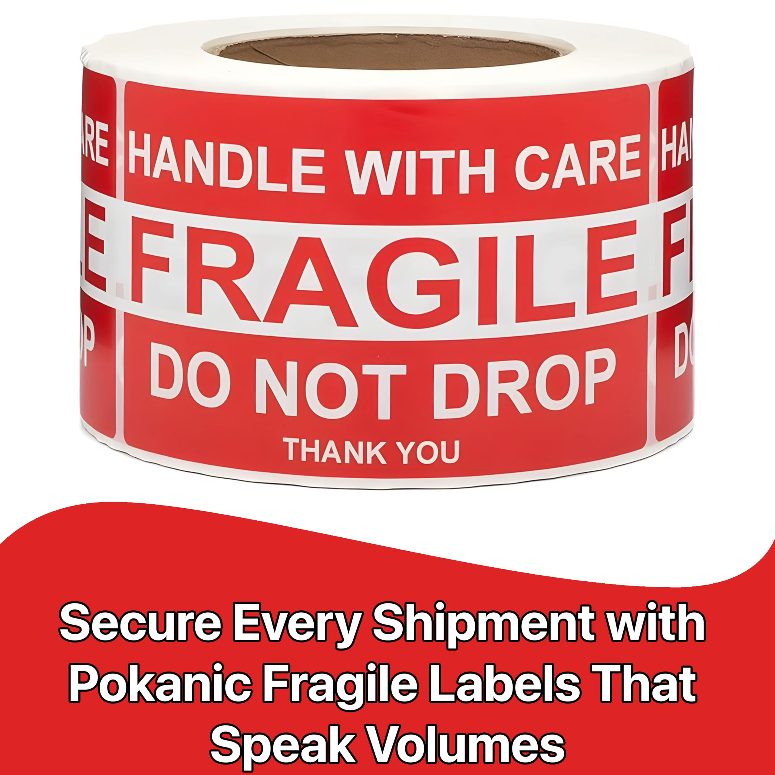 Pokanic Fragile x 500 Stickers Per Roll Handle with Care - Thank You Warning Red Permanent Adhesive Labels for Shipping Moving Packing