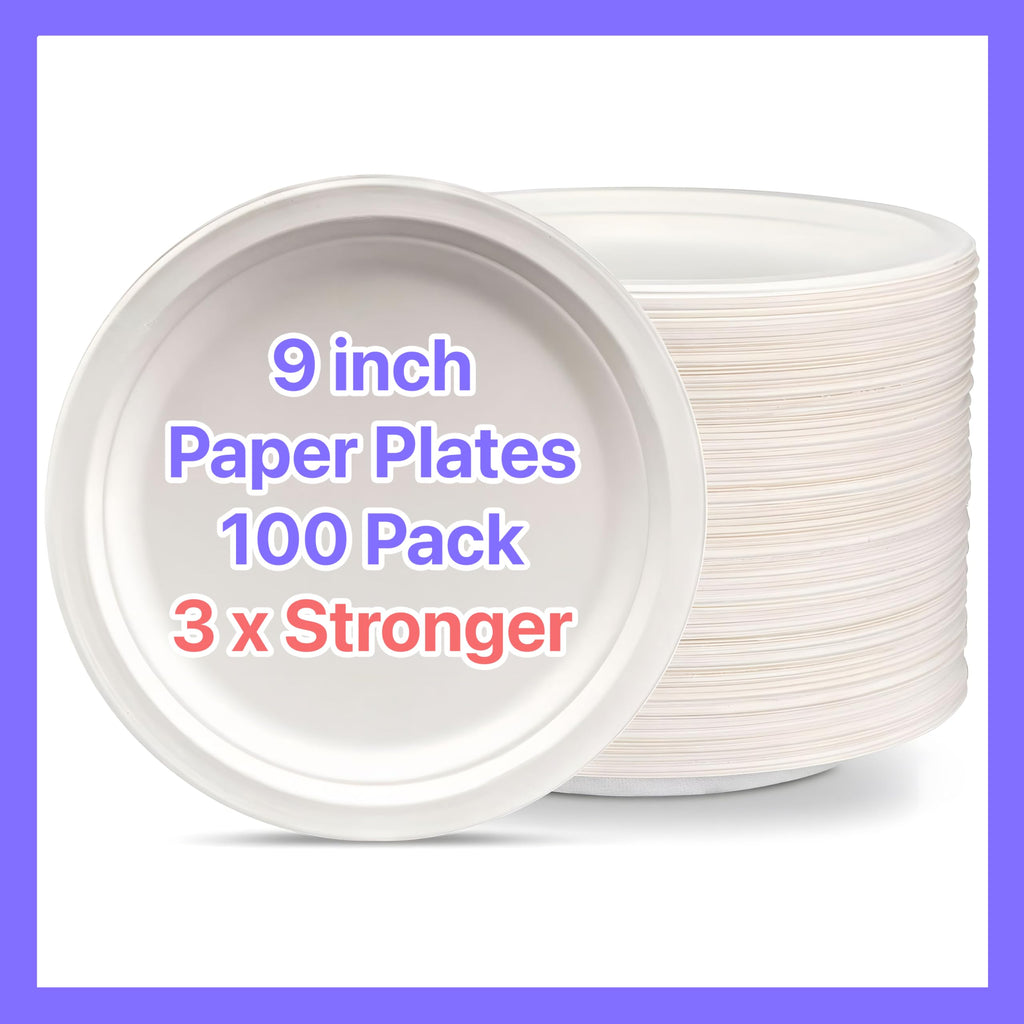 Pokanic Paper Plates White 9 inch - Pack Heavy-Duty 3 x Stronger Soak-Proof Cut Resistant Microwave-Safe 100% Compostable Eco-Friendly Biodegradable Disposable