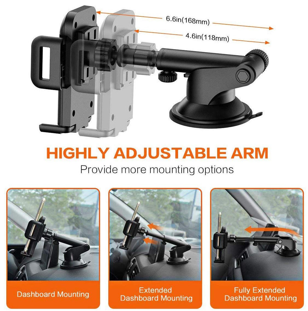 Pokanic Car Cell Phone Mount Adjustable 360 Rotation Stand Holder Three-Side Grips Design One Touch Clamp Compatible with iPhone Galaxy Note Pixel Universal