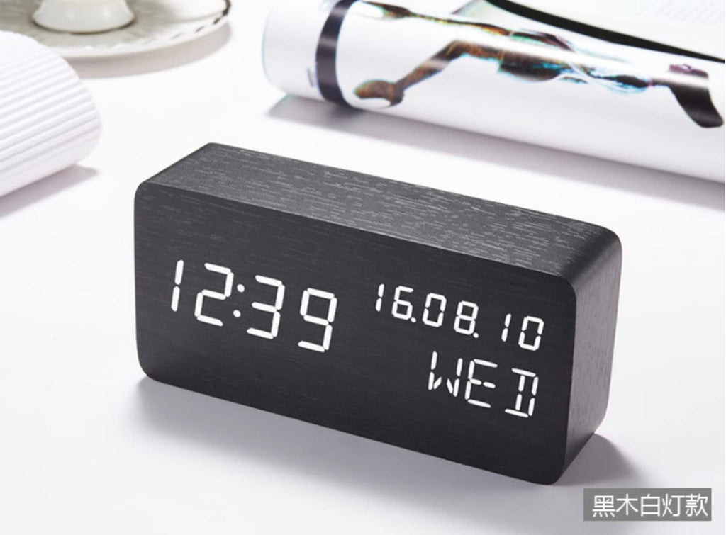Pokanic Wood Digital Alarm Clock Desk Time, Date(MM/DD/YY), Day of The Week, Temperature, Nightlight Large LED Display Portable Lamp Bedroom, Office, School, Home, Livingroom, Room