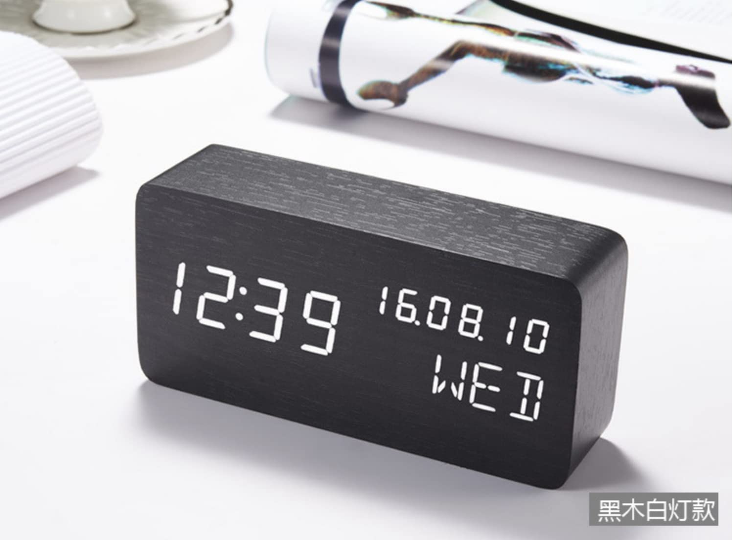 Pokanic Wood Digital Alarm Clock Desk Time, Date(MM/DD/YY), Day of The Week, Temperature, Nightlight Large LED Display Portable Lamp Bedroom, Office, School, Home, Livingroom, Room