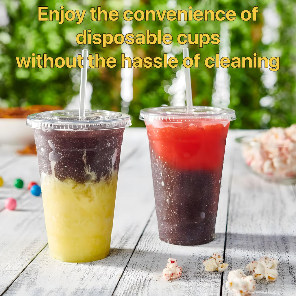 Pokanic Plastic Clear Cups [ oz] with Lids and Straws [ Set] Disposable Cold Beverage Drinking Iced Coffee Water Juice Tea Party Travel Cafe School Office Home Kitchen