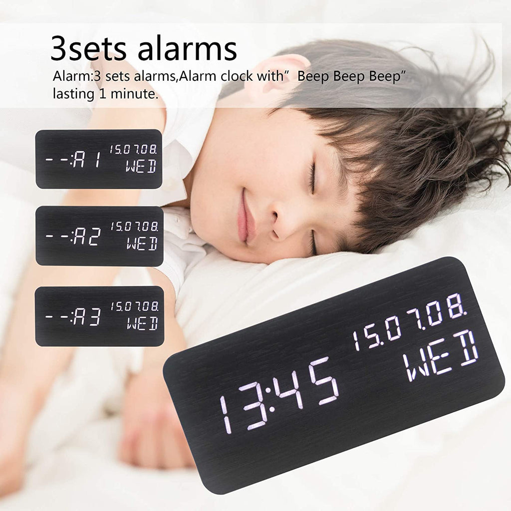 Pokanic Wood Digital Alarm Clock Desk Time, Date(MM/DD/YY), Day of The Week, Temperature, Nightlight Large LED Display Portable Lamp Bedroom, Office, School, Home, Livingroom, Room