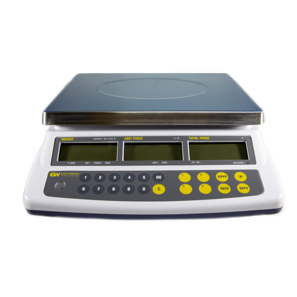 Easy Weigh CK-60 LB x 0.01 Digital Price Computing Scale Rechargeable Battery Operated, NTEP Approval Class III, LCD Display, Portable Compact, Stainless Steel Platter, (60 LB - Interface)