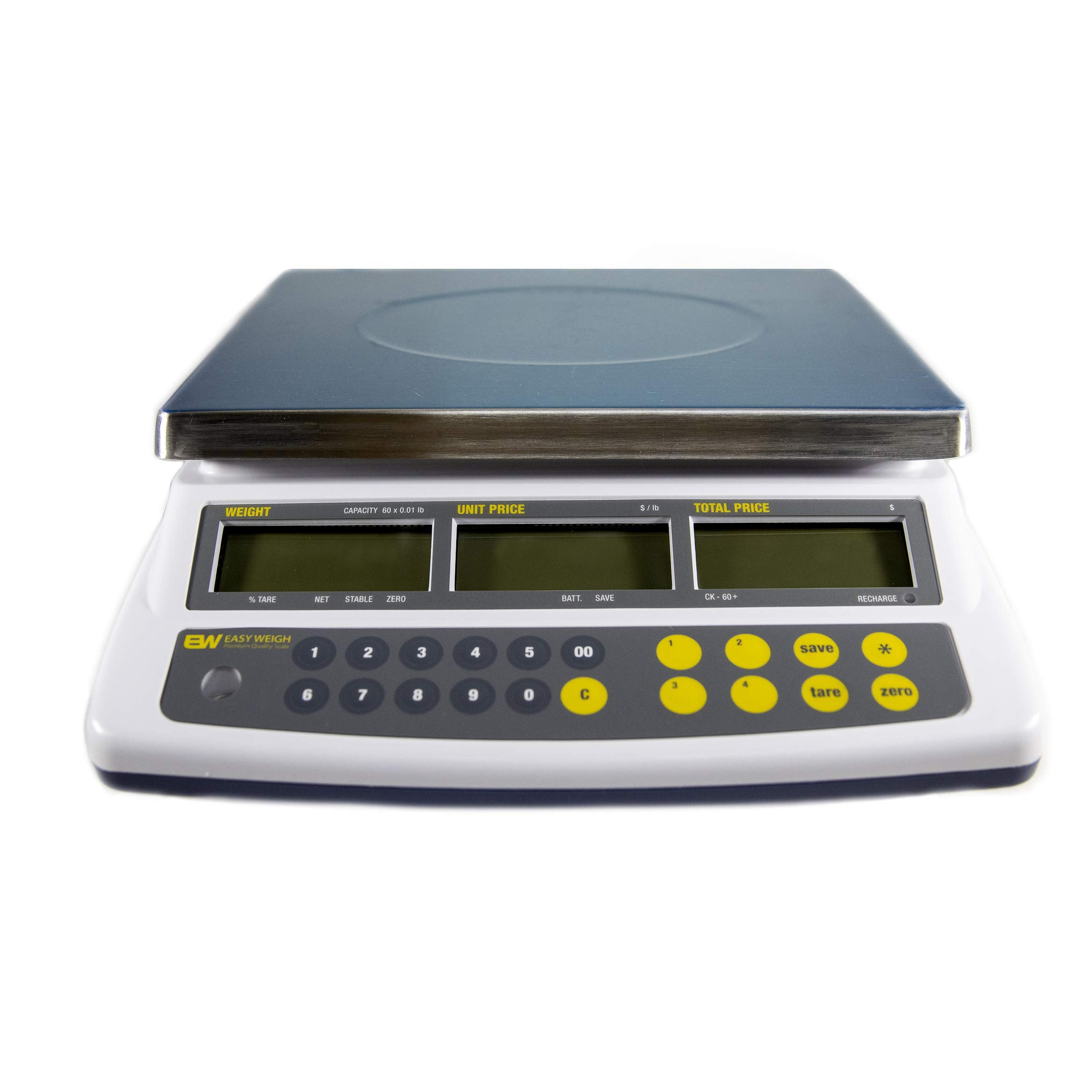 Easy Weigh CK-60 LB x 0.01 Digital Price Computing Scale Rechargeable Battery Operated, NTEP Approval Class III, LCD Display, Portable Compact, Stainless Steel Platter, (60 LB - Interface)