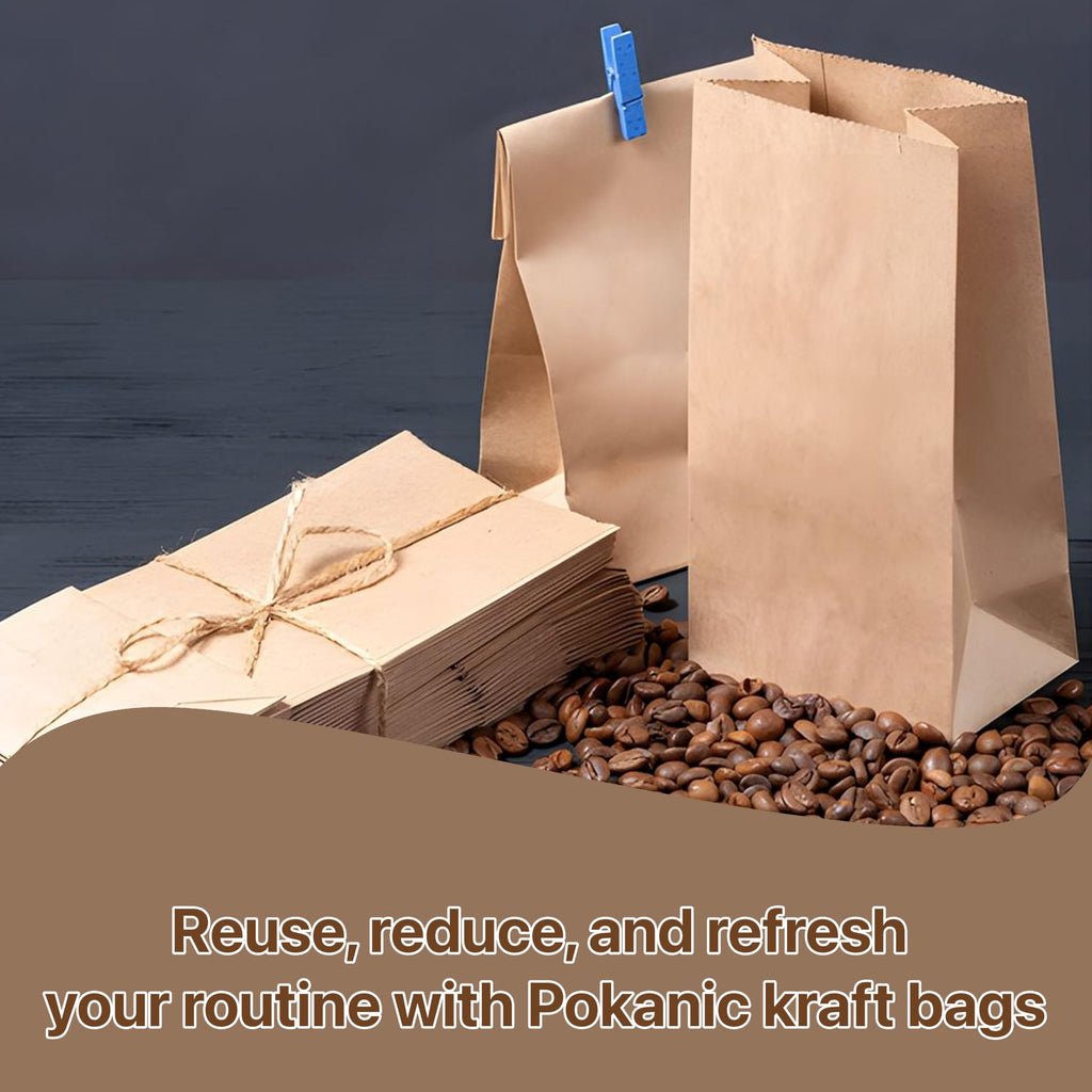 Pokanic Lunch Brown Paper Bags x 500 pcs (10 x 5 x 3 inch) Bulk Kraft 4 lb Capacity Eco Friendly Reusable Heavy DutyDisposable for Grocery Snacks Crafts Lunch Sandwich Food