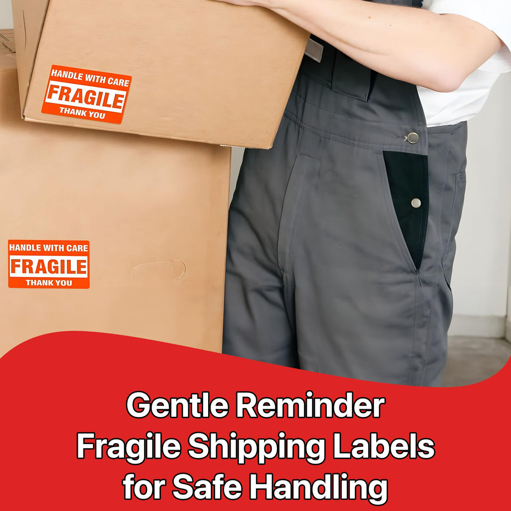 Pokanic Fragile x 500 Stickers Per Roll Handle with Care - Thank You Warning Red Permanent Adhesive Labels for Shipping Moving Packing