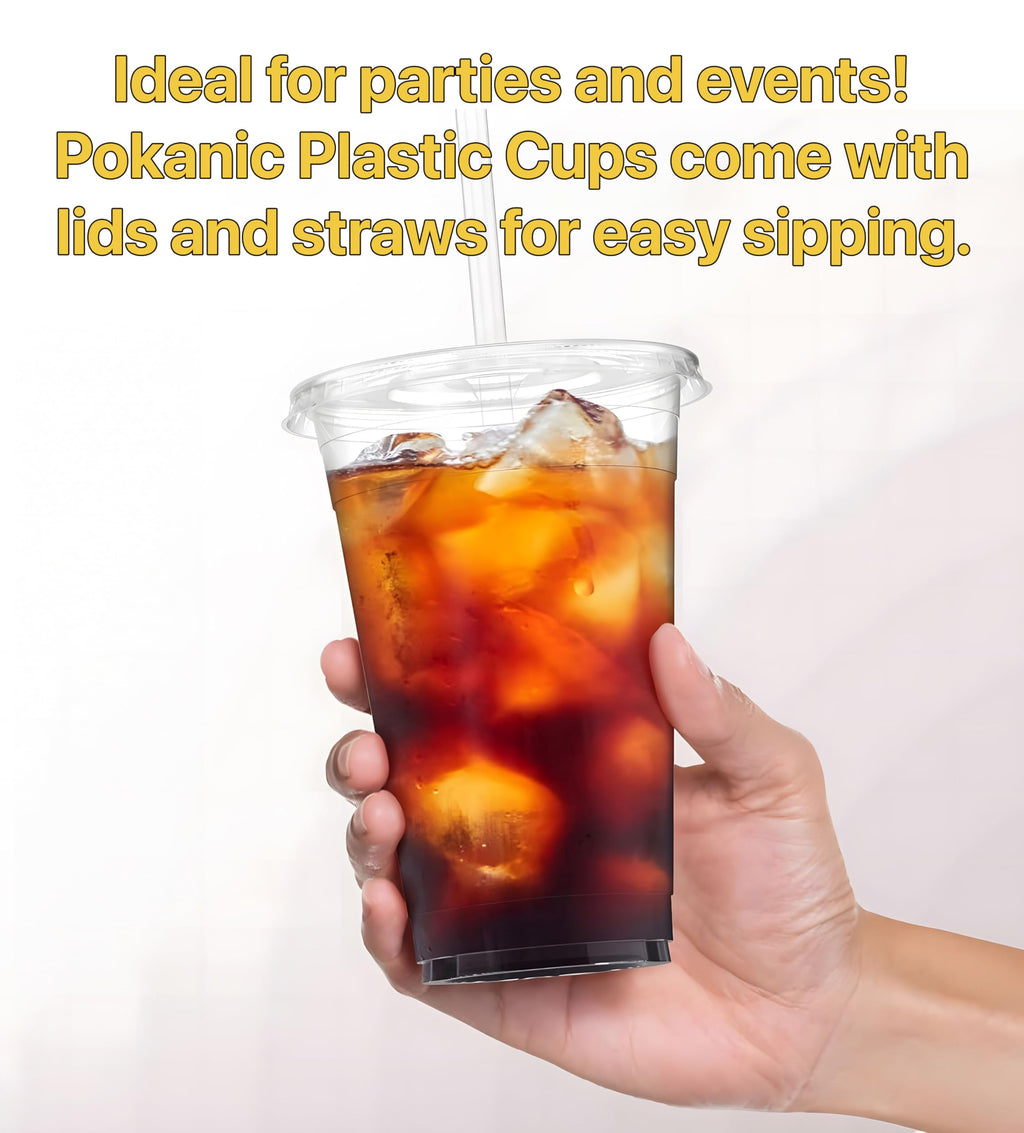 Pokanic Plastic Clear Cups [ oz] with Lids and Straws [ Set] Disposable Cold Beverage Drinking Iced Coffee Water Juice Tea Party Travel Cafe School Office Home Kitchen