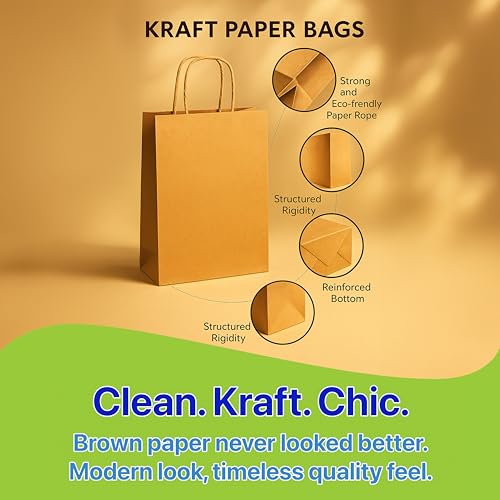 Pokanic Brown Kraft Paper Lunch Bags with Handles – [ Bags] x [ Inch] Reusable & Recyclable, Strong for Meal Prep, To-Go, Takeout, Parties & Small Business Use