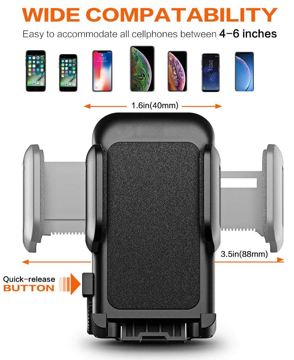 Pokanic Car Cell Phone Mount Adjustable 360 Rotation Stand Holder Three-Side Grips Design One Touch Clamp Compatible with iPhone Galaxy Note Pixel Universal