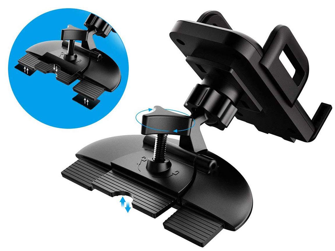 Pokanics Car Phone Mount CD Slot Holder – 360° Rotation Adjustable Stand with One Touch Clamp & Three-Side Grip – Universal Cell Phone Holder for iPhone, Samsung Galaxy Truck & SUV (CD Slot Mount)