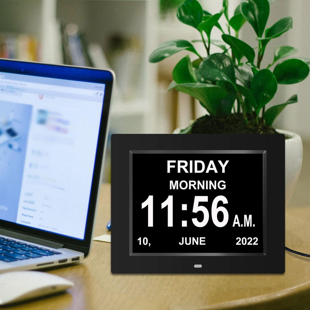 Pokanic Digital Calendar Date Multi Alarm Clock 8 inch Large Display Auto-Dimming Electic Desk Table Wall Mount Office, Home, Kitchen, Room, School, Bedroom, Living Room