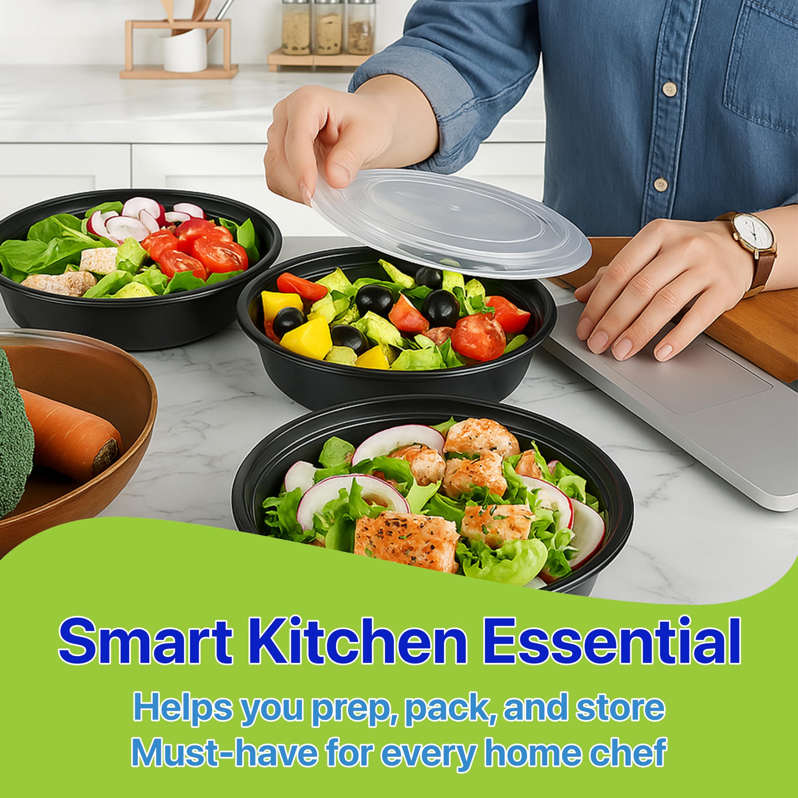 Pokanic Meal Prep Containers Round [ Set] x [ oz] with Lids, 1 compartment, Stackable, Reusable, Leakproof, Food Safe, Microwave, Freezer & Dishwasher Safe for Food Prep Storage