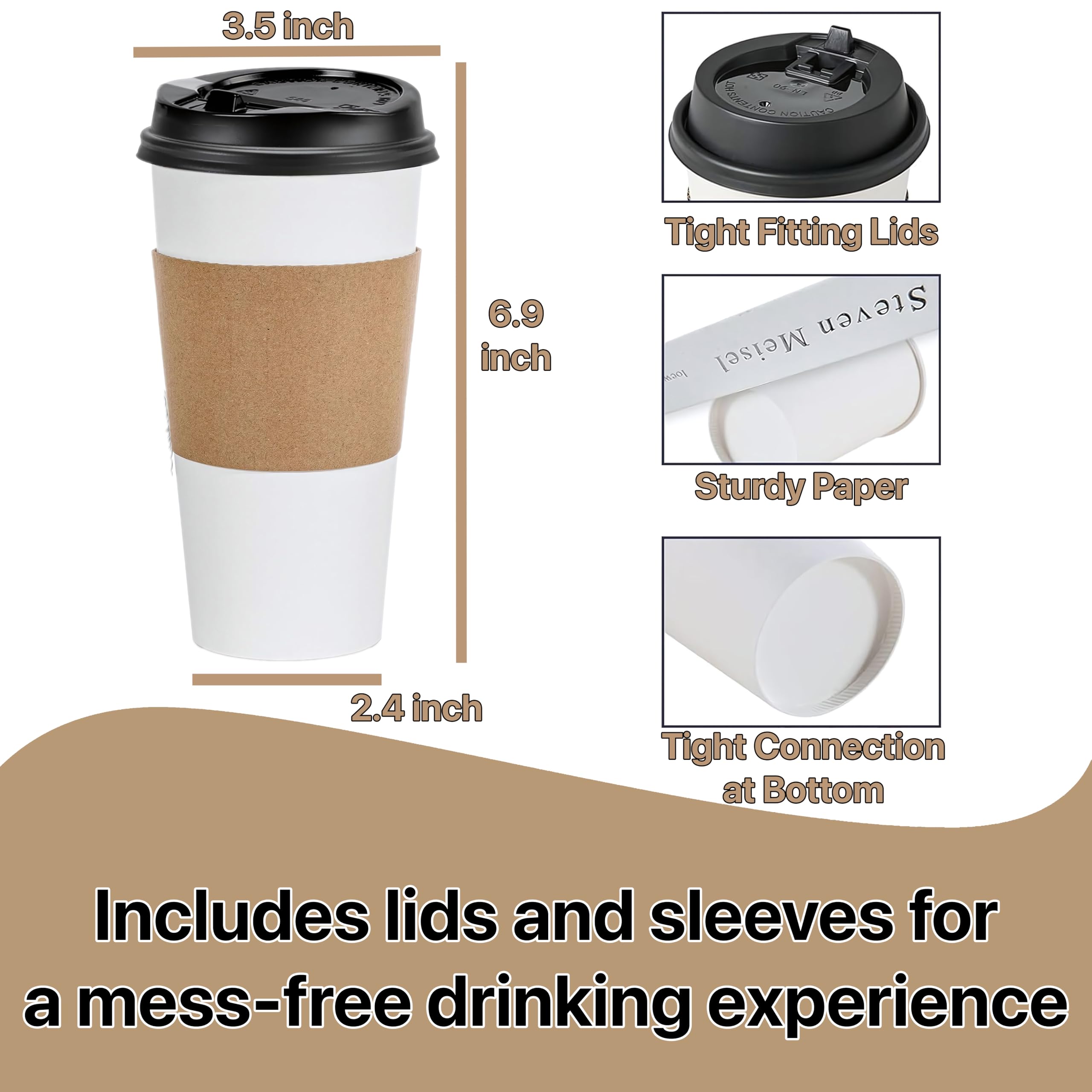 Pokanic Paper White Cups [ oz] with Lids and Sleeves x [10 Set] Disposable Hot Cold Coffee Water Beverage Drinking for School Office Home Kitchen Cafe Restaurant