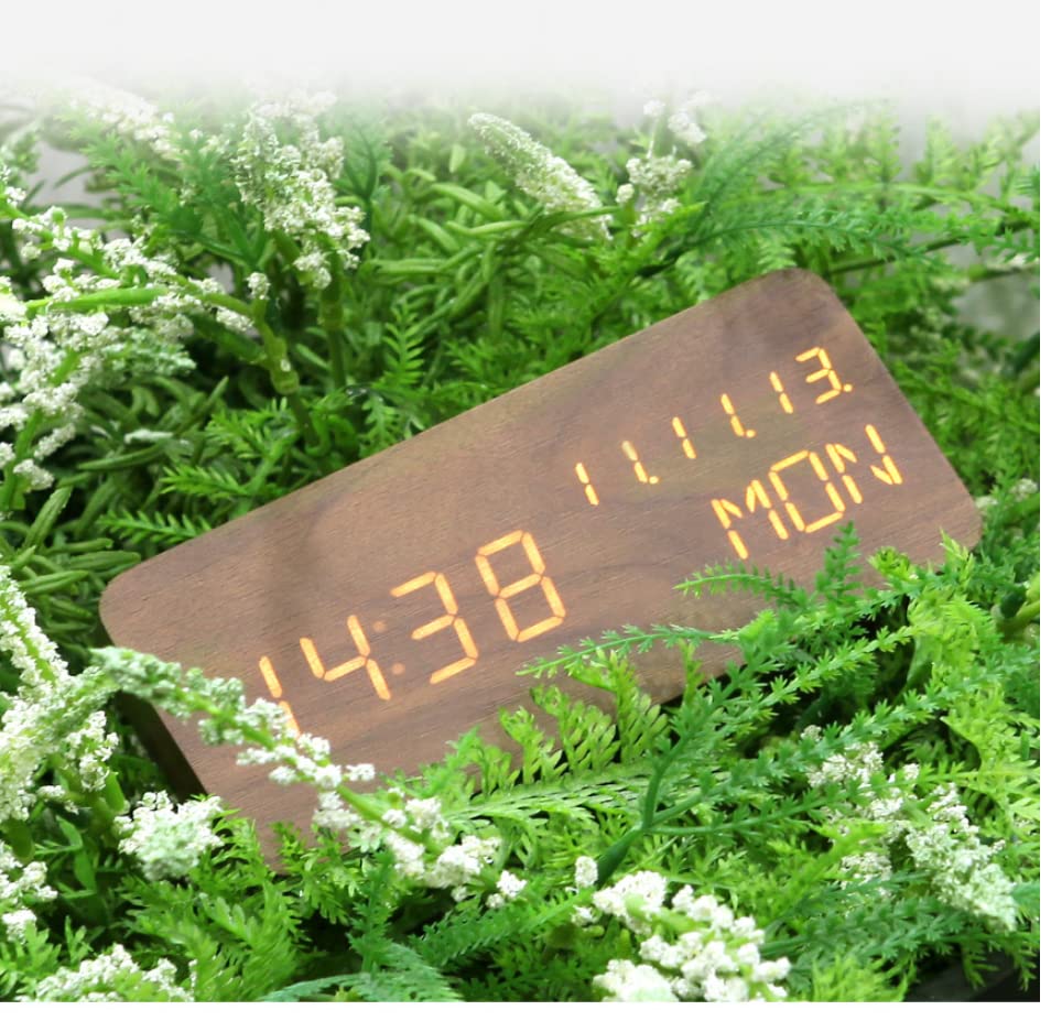 Pokanic Wood Digital Alarm Clock Desk Time, Date(MM/DD/YY), Day of The Week, Temperature, Nightlight Large LED Display Portable Lamp Bedroom, Office, School, Home, Livingroom, Room