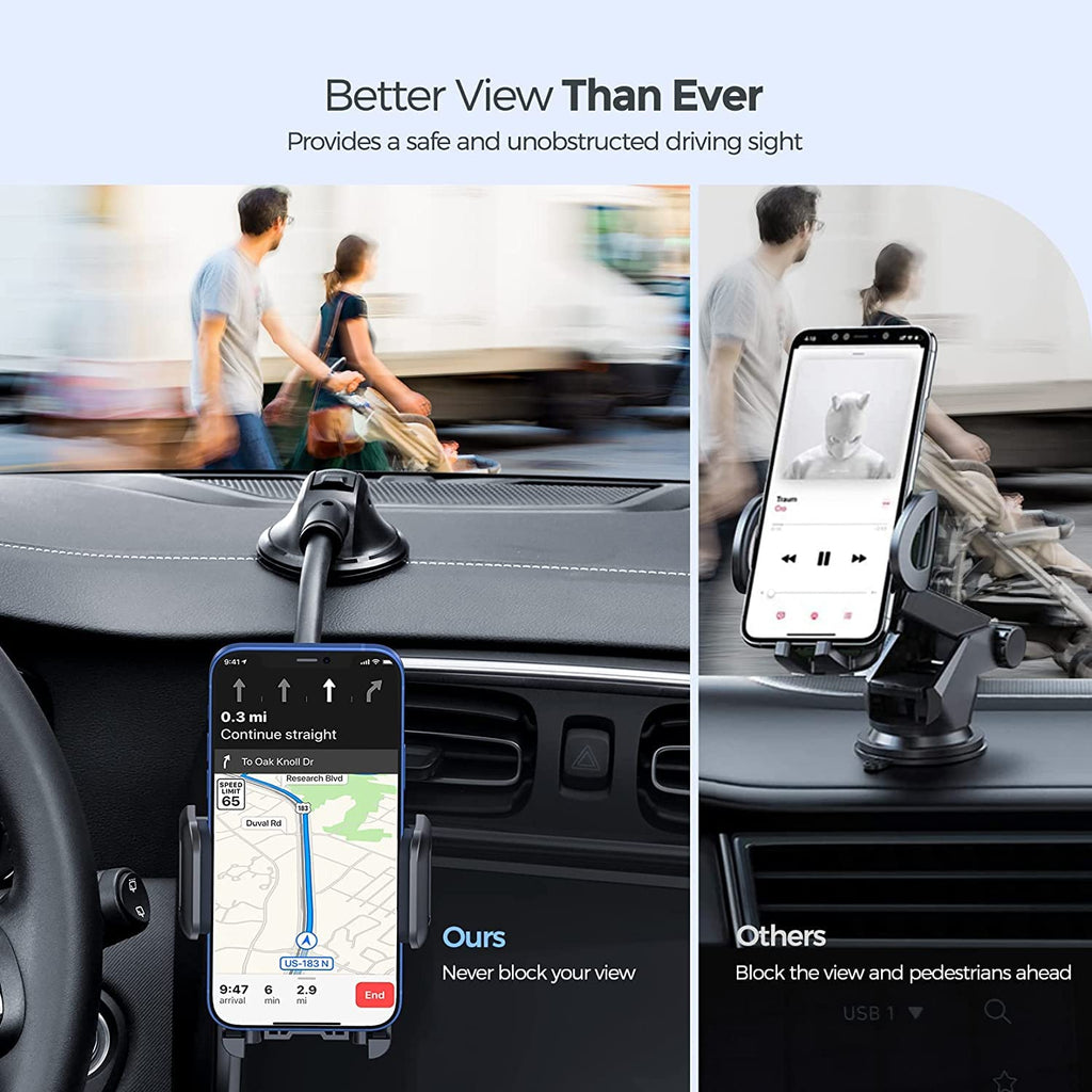 Pokanic Car Cell Phone Mount Adjustable 360 Rotation Stand Holder Three-Side Grips Design One Touch Clamp Compatible with iPhone Galaxy Note Pixel Universal