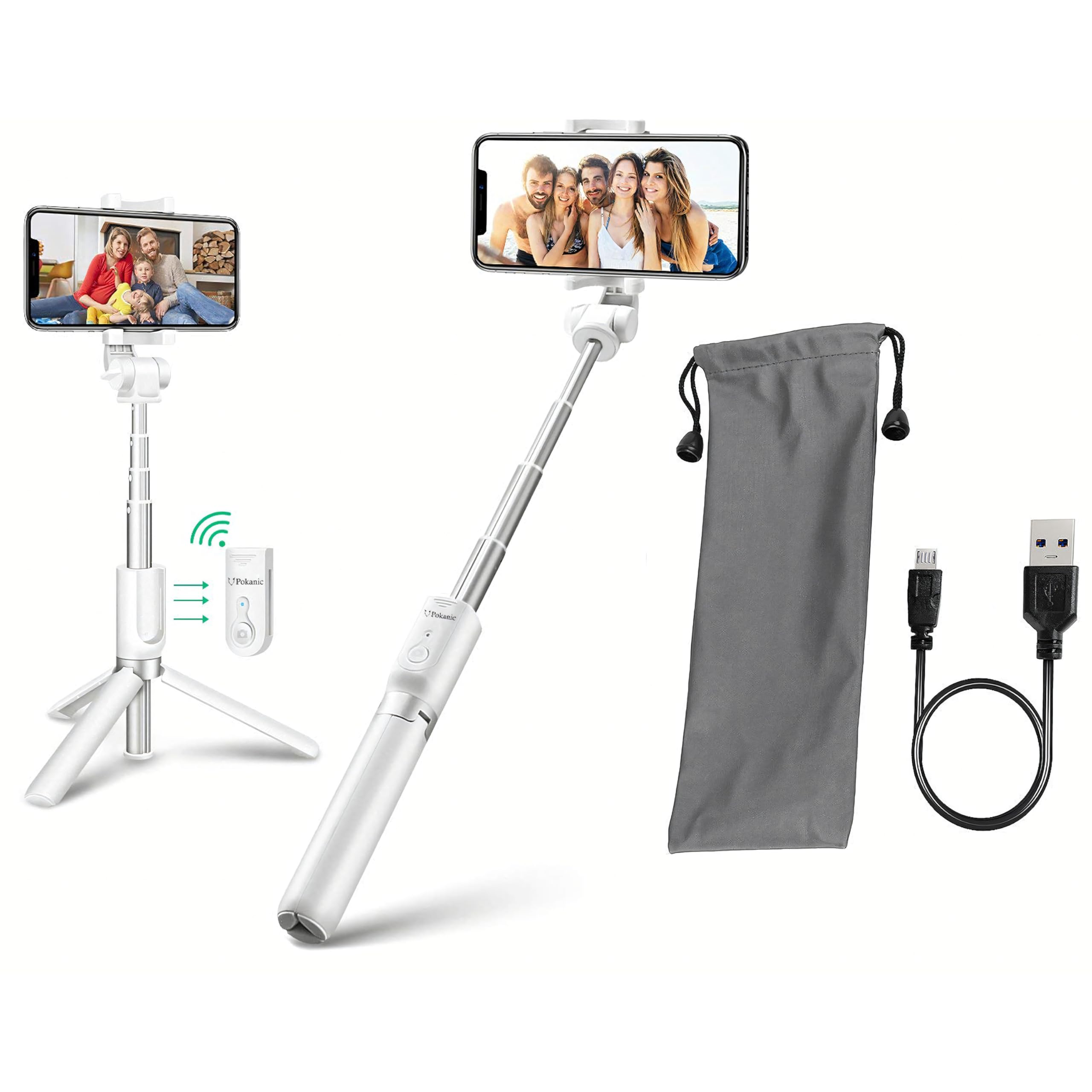 Pokanic Selfie Stick Tripod with Wireless Remote Controller Pouch Extendable Adjustable Stand Mount Light-Weight V-Log Compatible with All Apple iPhone, Samsung Galaxy