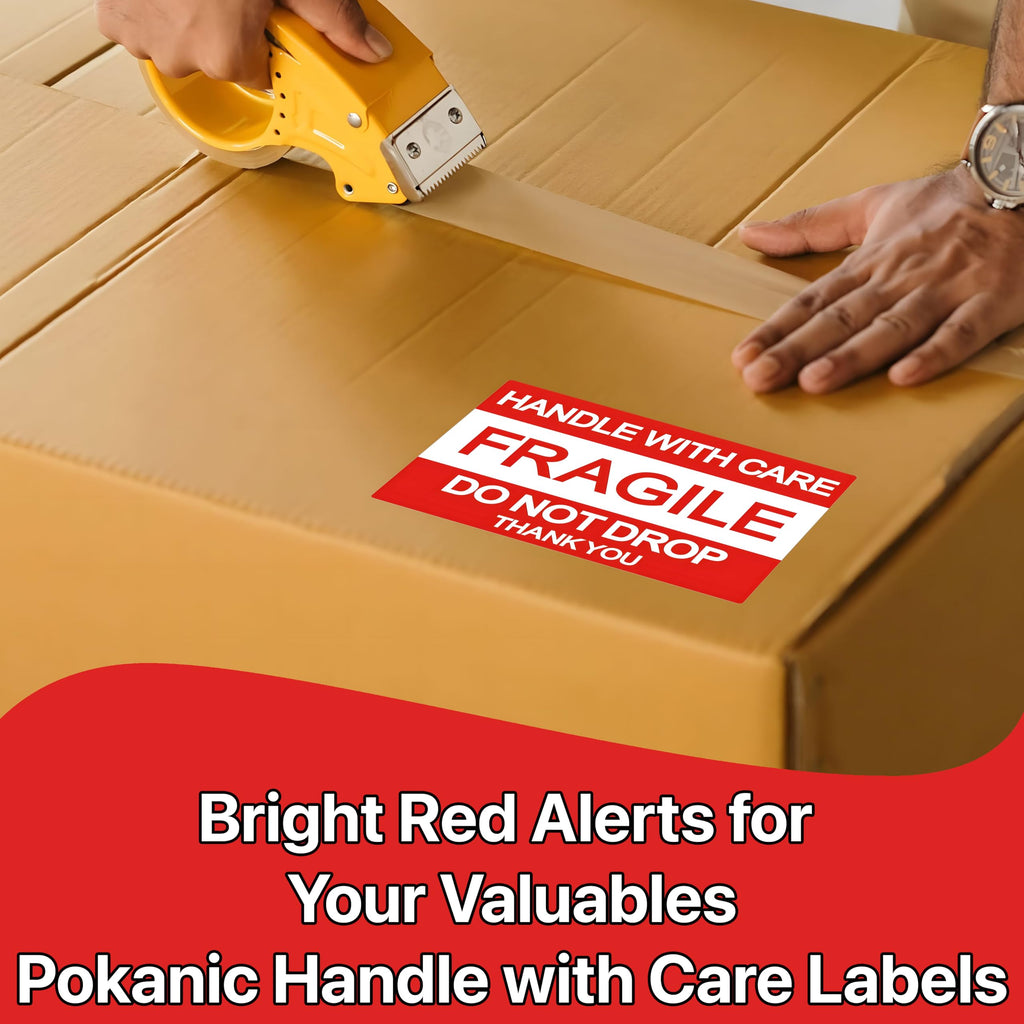 Pokanic Fragile x 500 Stickers Per Roll Handle with Care - Thank You Warning Red Permanent Adhesive Labels for Shipping Moving Packing