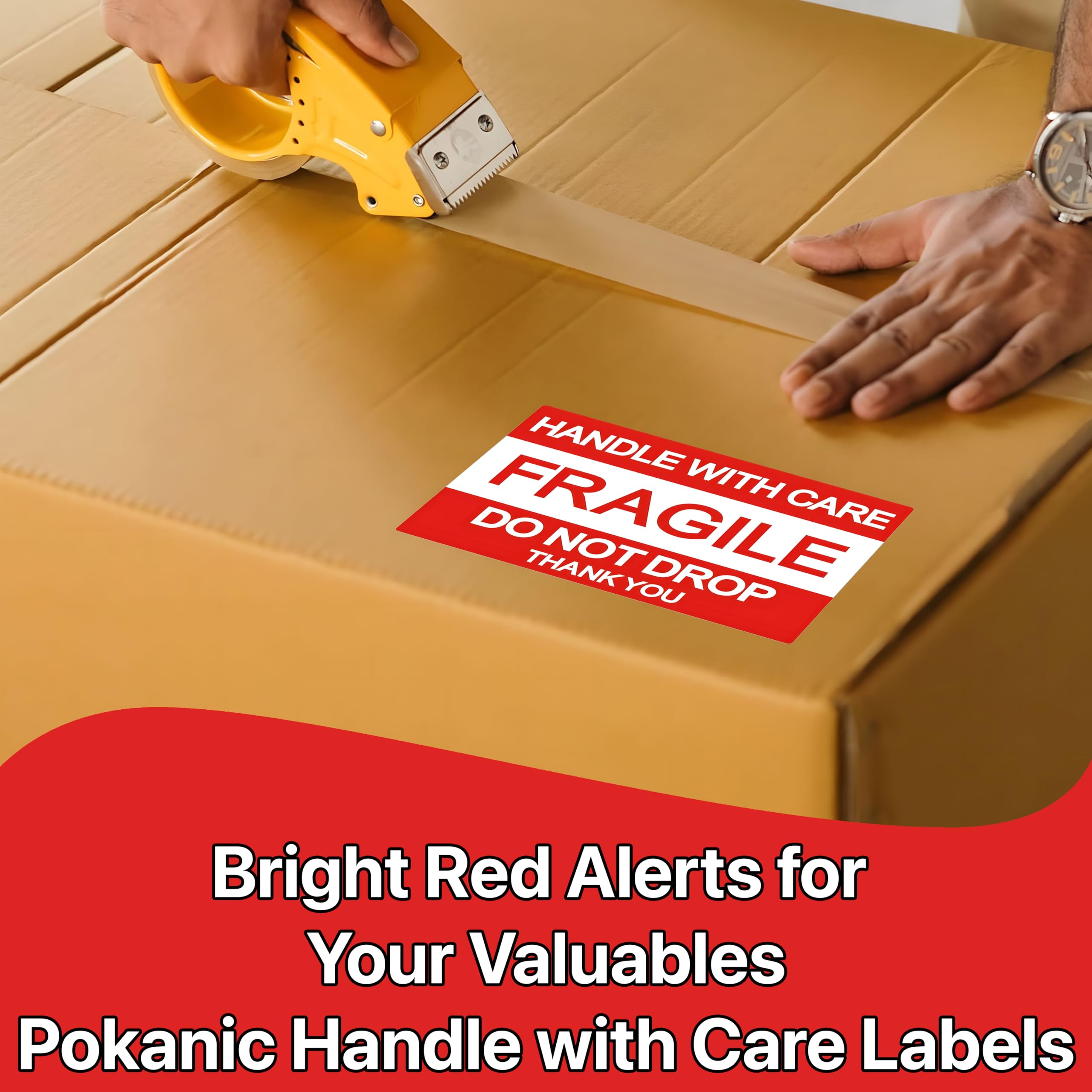 Pokanic Fragile x 500 Stickers Per Roll Handle with Care - Thank You Warning Red Permanent Adhesive Labels for Shipping Moving Packing