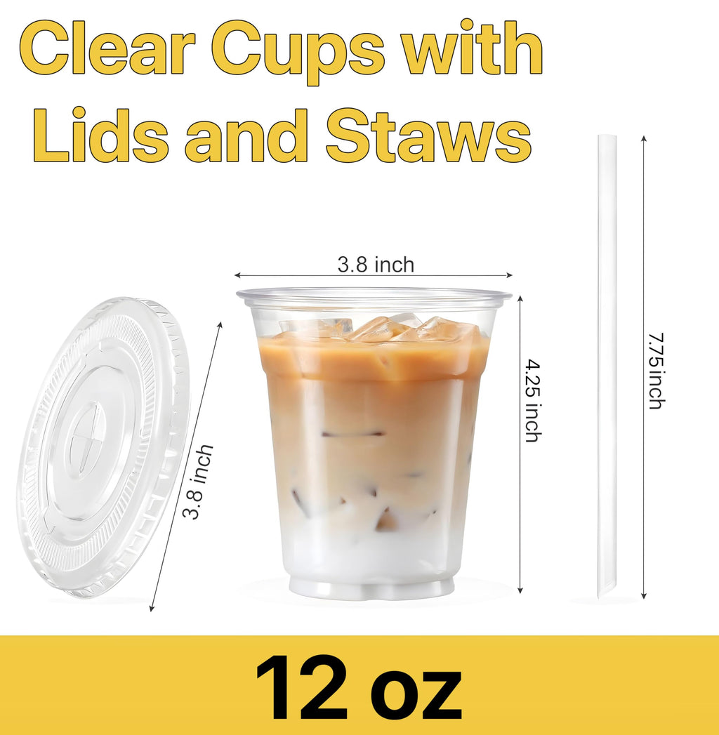 Pokanic Plastic Clear Cups [ oz] with Lids and Straws [ Set] Disposable Cold Beverage Drinking Iced Coffee Water Juice Tea Party Travel Cafe School Office Home Kitchen