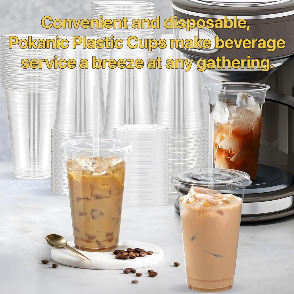 Pokanic Plastic Clear Cups [ oz] with Lids and Straws [ Set] Disposable Cold Beverage Drinking Iced Coffee Water Juice Tea Party Travel Cafe School Office Home Kitchen