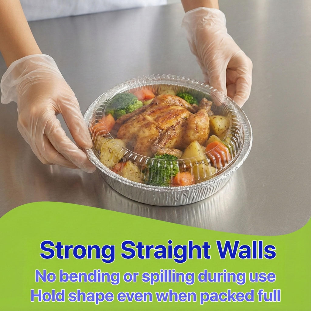 Pokanic Aluminum Foil Pans Round with Clear Dome Lids Recyclable Disposable Containers Straight Walls for Storing, Baking, Meal Prep & Reheating Freezer & Oven Safe