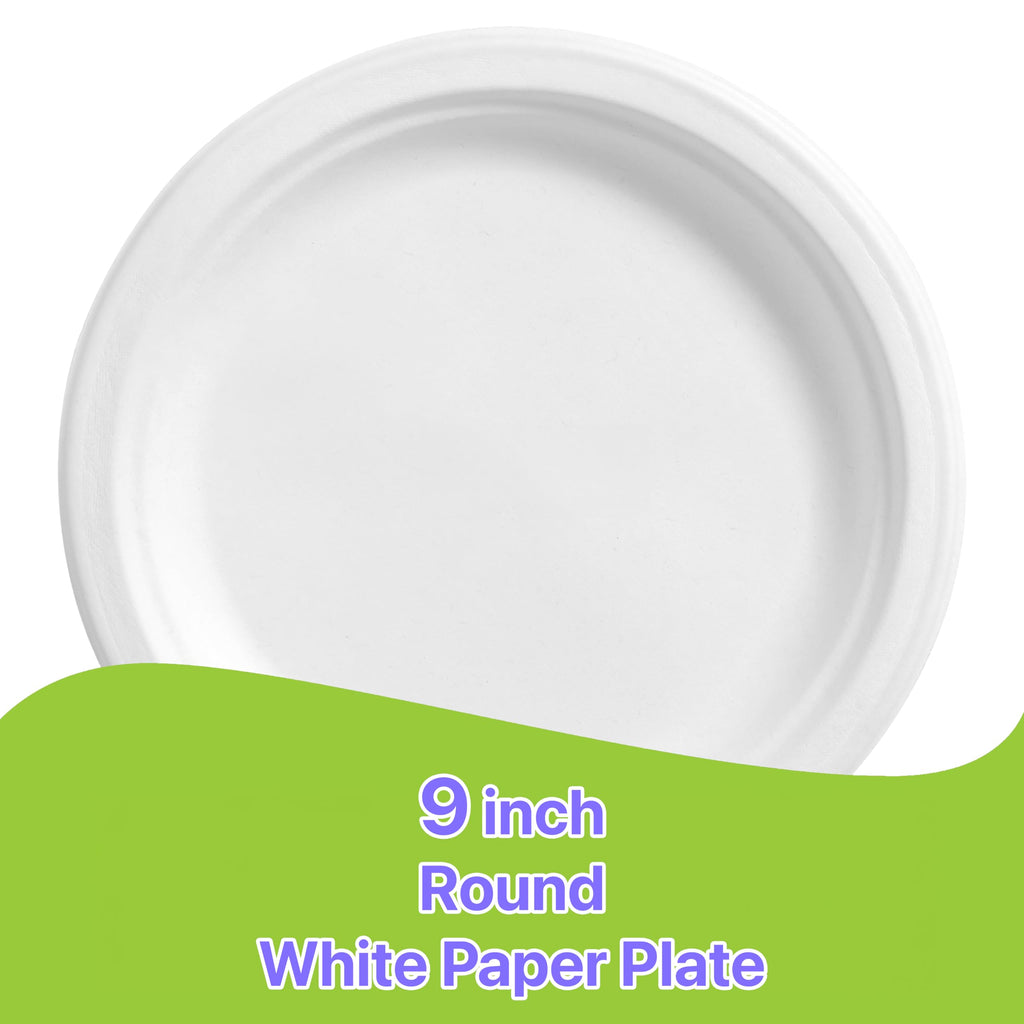 Pokanic Paper Plates White 9 inch - Pack Heavy-Duty 3 x Stronger Soak-Proof Cut Resistant Microwave-Safe 100% Compostable Eco-Friendly Biodegradable Disposable