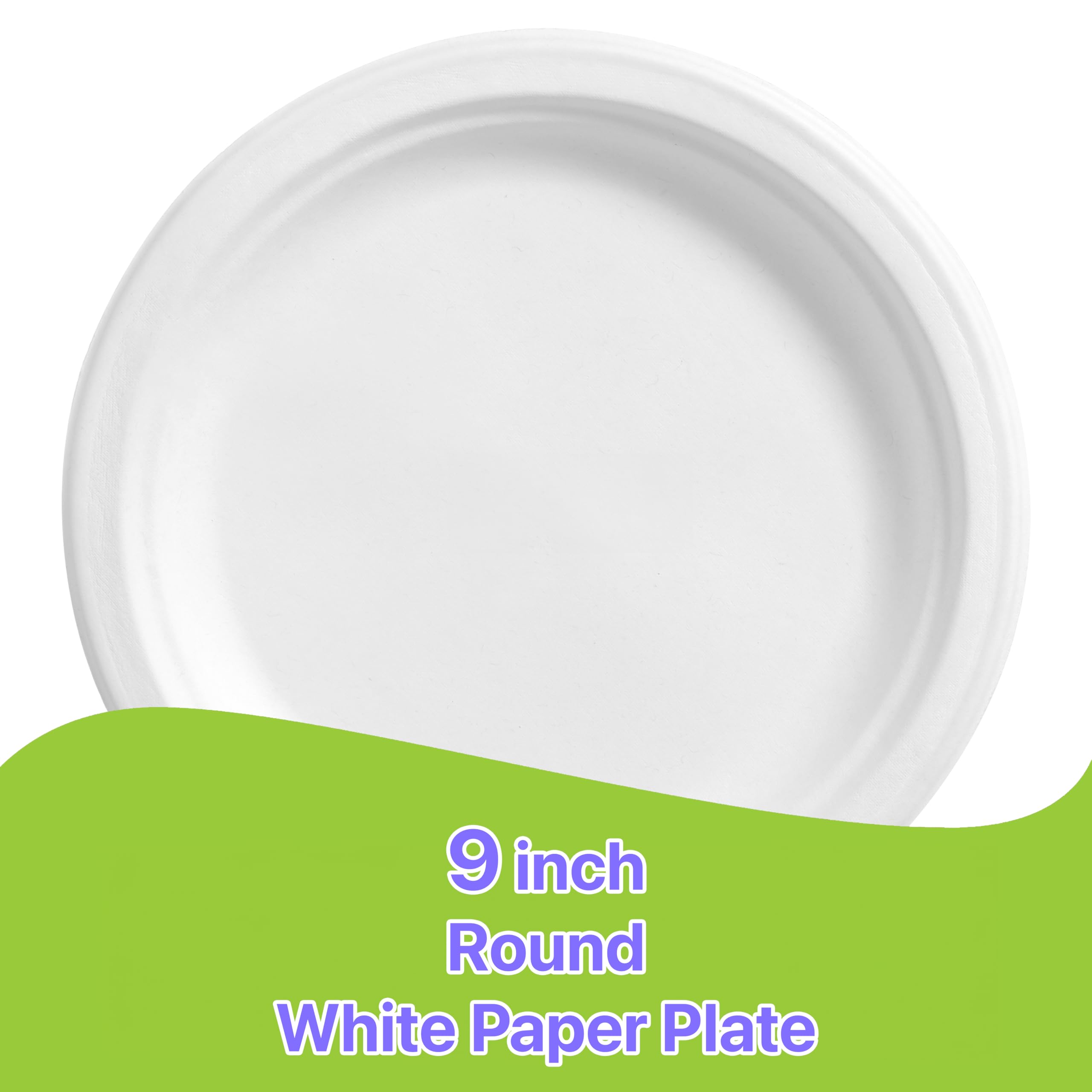 Pokanic Paper Plates White 9 inch - Pack Heavy-Duty 3 x Stronger Soak-Proof Cut Resistant Microwave-Safe 100% Compostable Eco-Friendly Biodegradable Disposable
