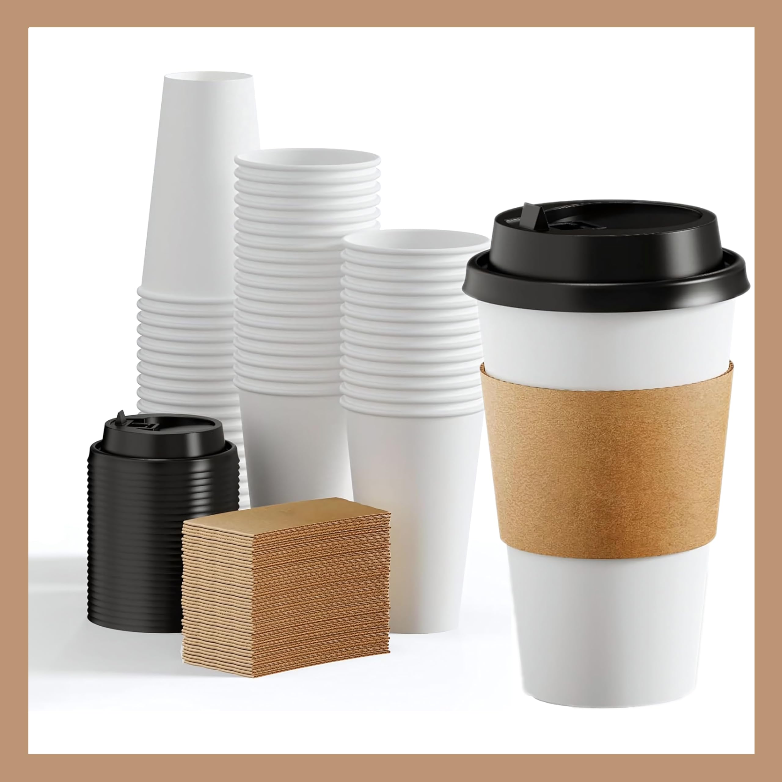 Pokanic Paper White Cups [ oz] with Lids and Sleeves x [10 Set] Disposable Hot Cold Coffee Water Beverage Drinking for School Office Home Kitchen Cafe Restaurant