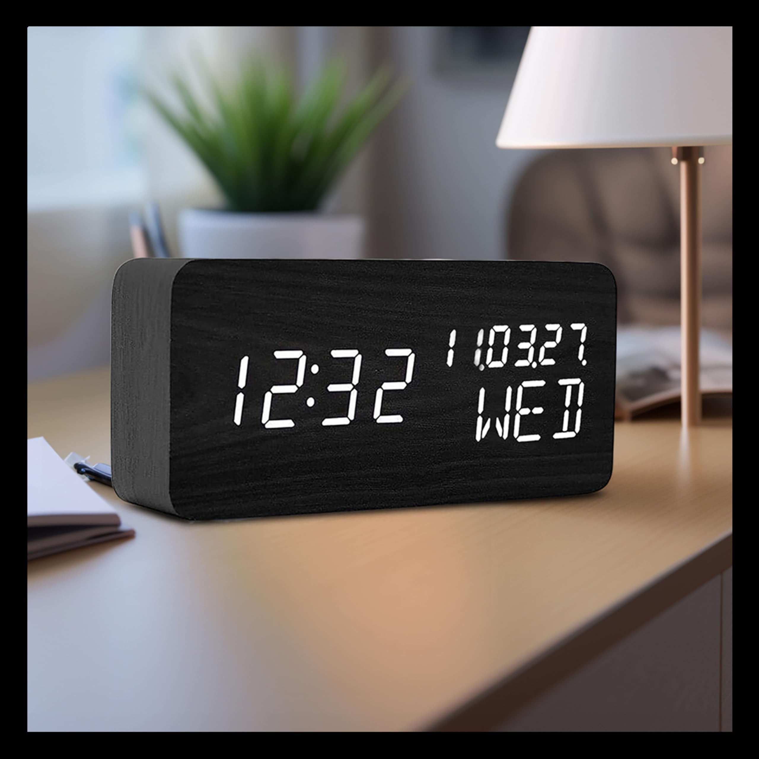 Pokanic Wood Digital Alarm Clock Desk Time, Date(MM/DD/YY), Day of The Week, Temperature, Nightlight Large LED Display Portable Lamp Bedroom, Office, School, Home, Livingroom, Room