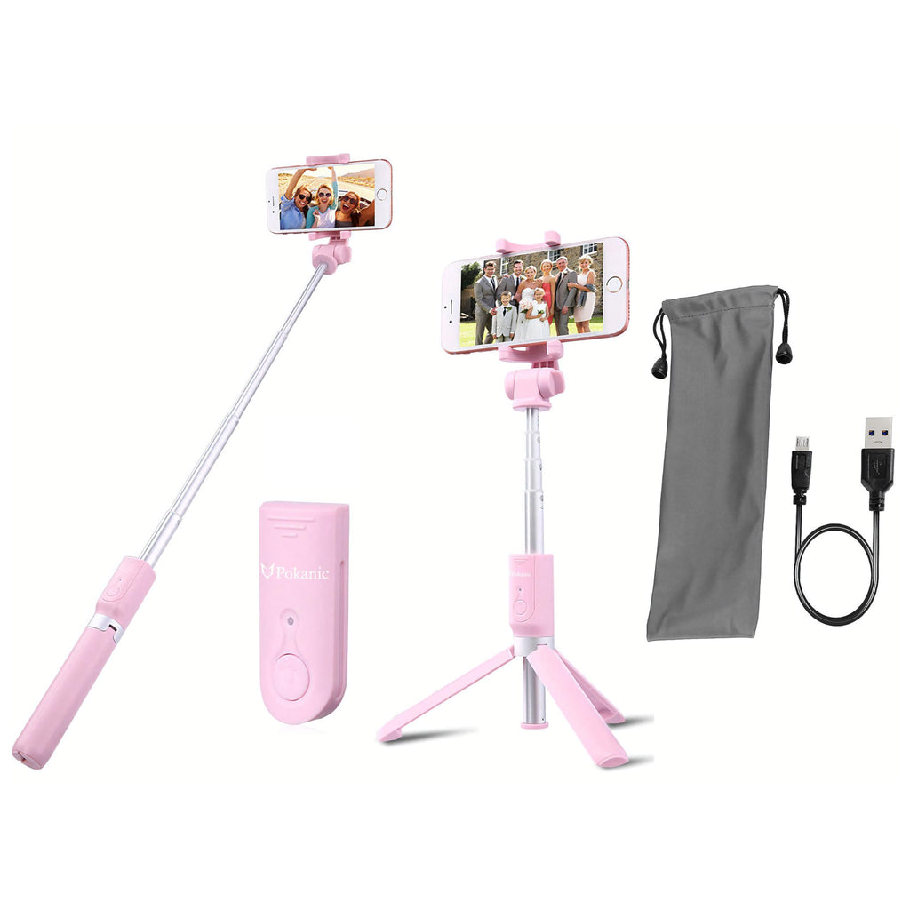 Pokanic Selfie Stick Tripod with Wireless Remote Controller Pouch Extendable Adjustable Stand Mount Light-Weight V-Log Compatible with All Apple iPhone, Samsung Galaxy