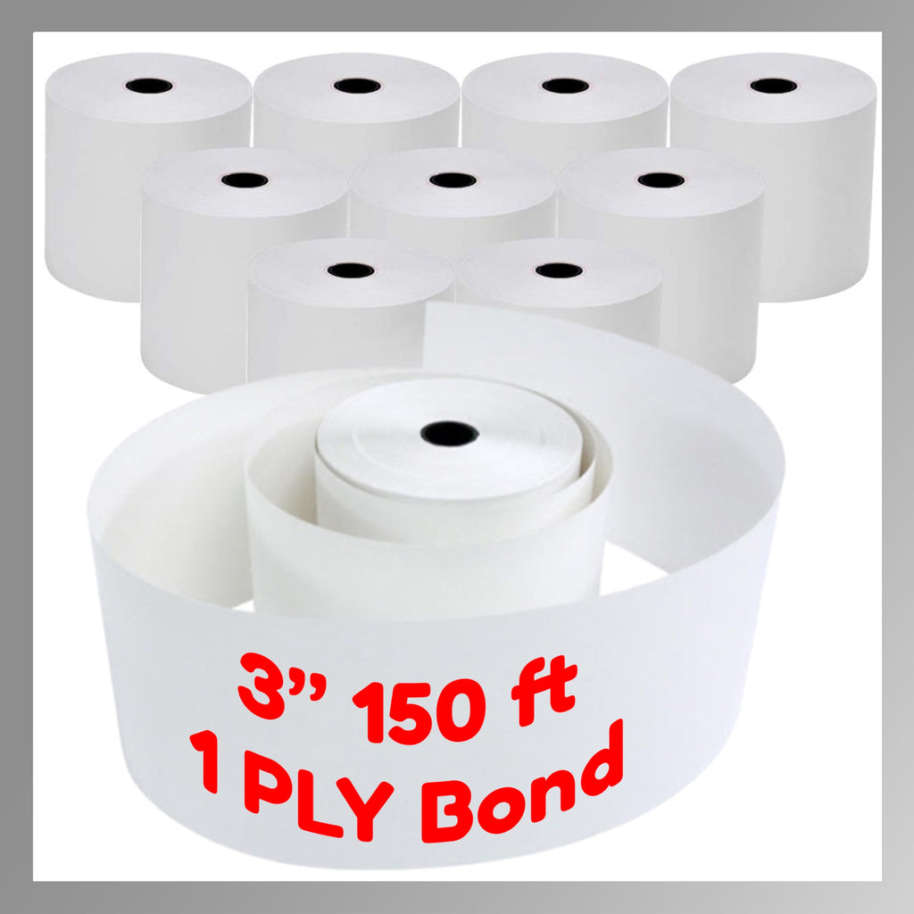 Pokanic 3" x 150' 1 Ply Bond White Paper Rolls Kitchen Receipt POS Cash Register Compatible with Clover Epson SNBC Star Sam4s Ellix Bixolon Impact Printers SP700 ERC30 34 38 TMU200
