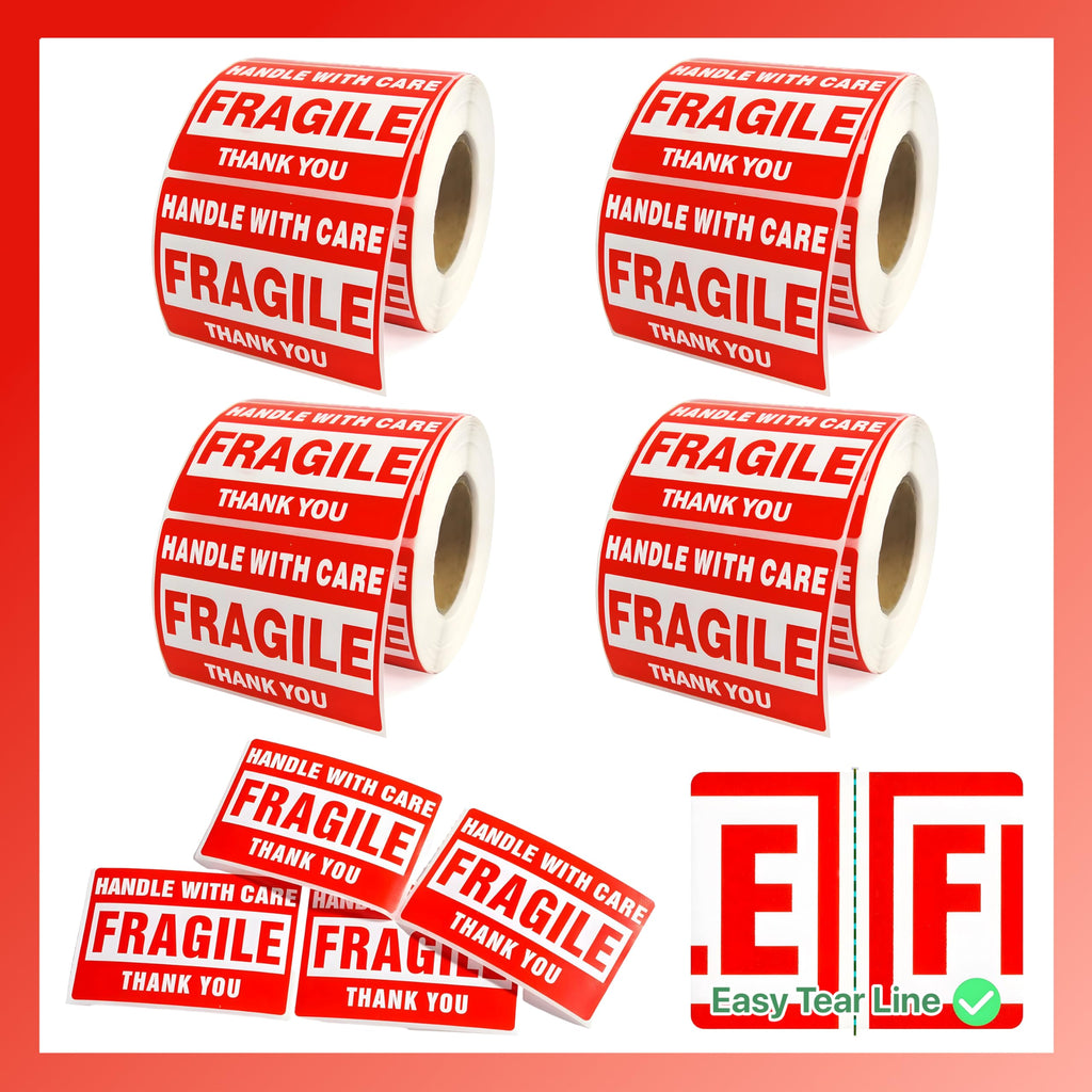 Pokanic Fragile x 500 Stickers Per Roll Handle with Care - Thank You Warning Red Permanent Adhesive Labels for Shipping Moving Packing