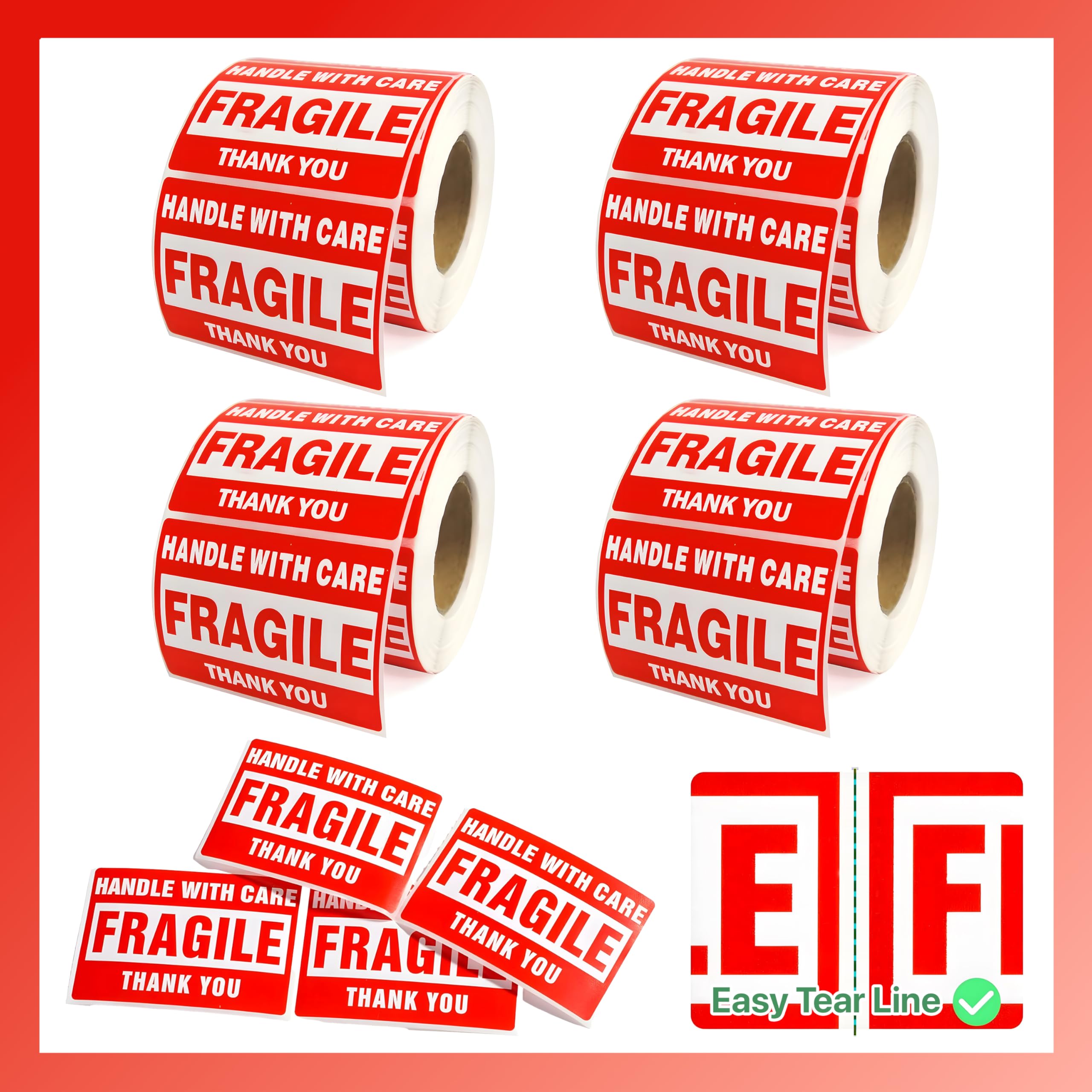 Pokanic Fragile x 500 Stickers Per Roll Handle with Care - Thank You Warning Red Permanent Adhesive Labels for Shipping Moving Packing