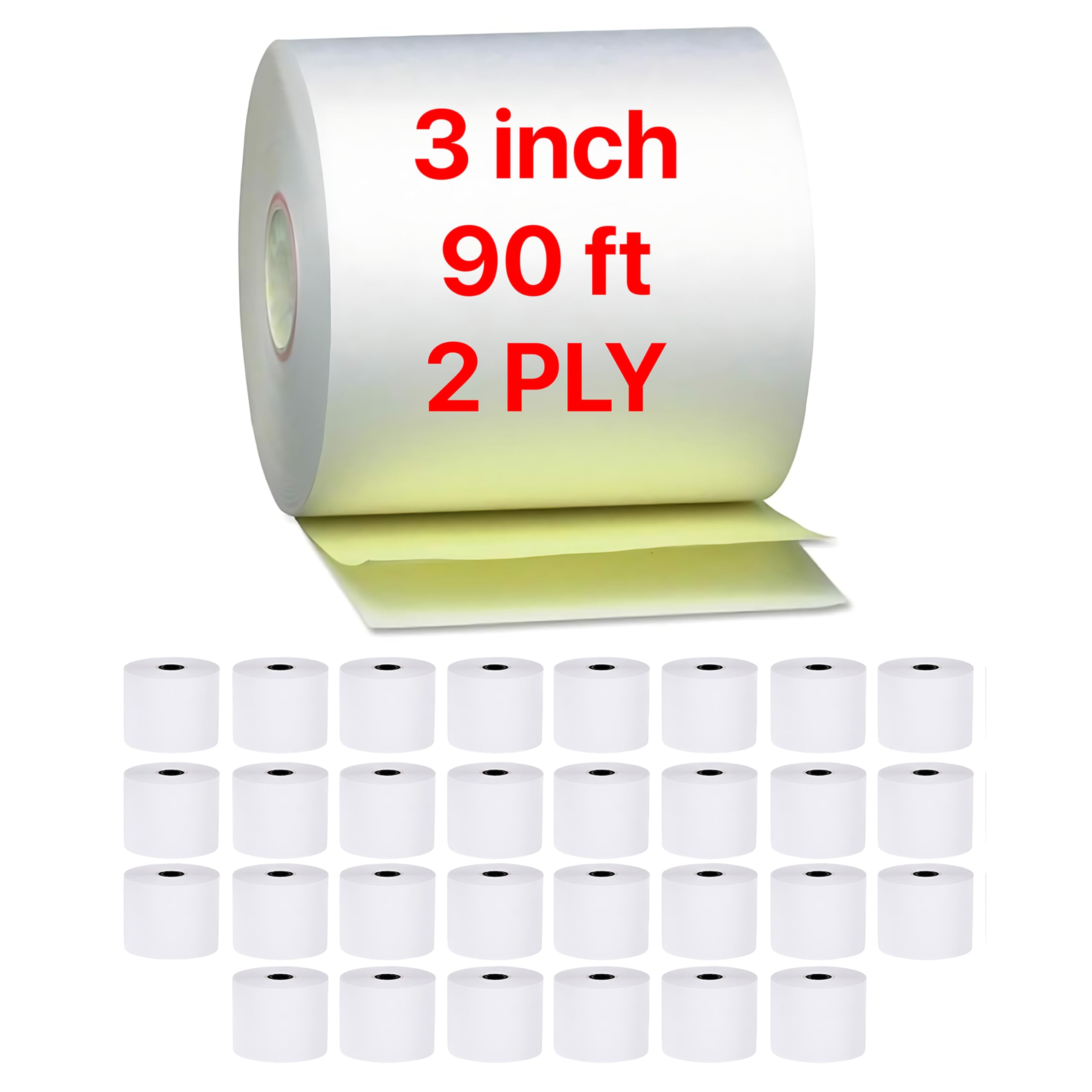 Pokanic 3" x 90' 2 Ply White Canary Carbonless Paper Rolls Kitchen Receipt Printer POS Cash Register Compatible with Clover Epson SNBC Star Sam4s Ellix Bixolon Printers