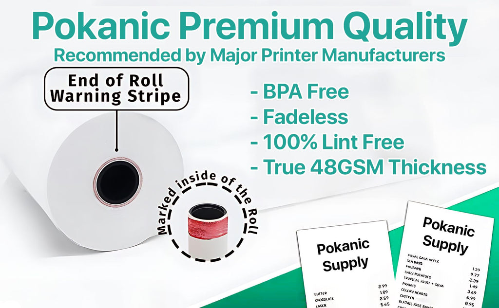 Pokanic 2 1/4 x 150 ft 1 Ply Bond White Paper Rolls 2.25 inch x 150' Adding Machine Kitchen Receipt Printer POS Cash Register Compatible with Epson SNBC Star Sam4s Ellix Bixolon Calculators