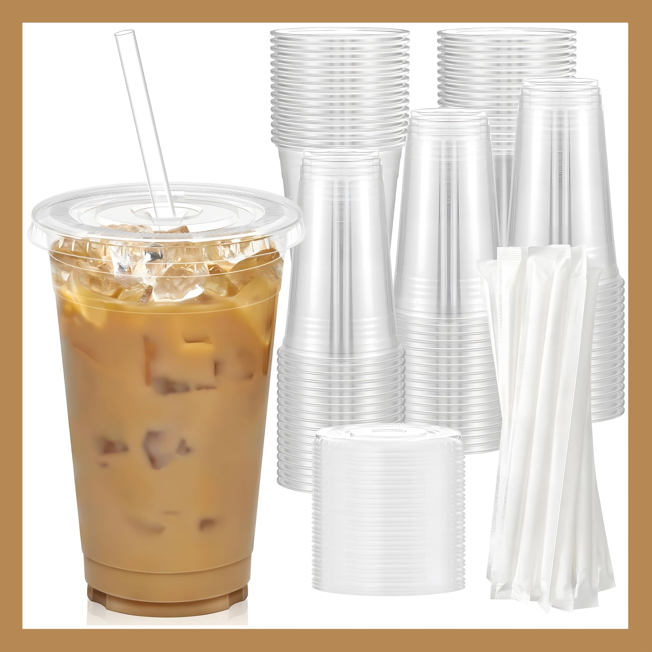 Pokanic Plastic Clear Cups [ oz] with Lids and Straws [ Set] Disposable Cold Beverage Drinking Iced Coffee Water Juice Tea Party Travel Cafe School Office Home Kitchen