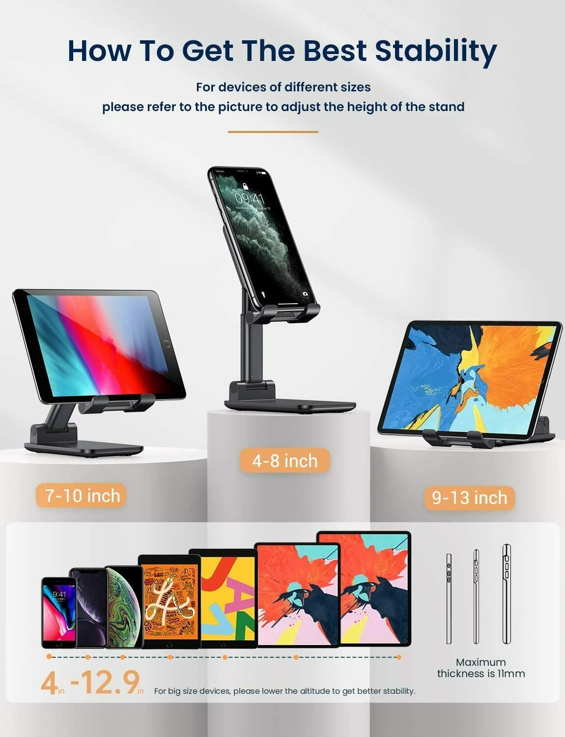 Pokanic Cellphone Tablet Stand Mount Fully Foldable Dock Holder Cradle Charger Station Desk Room Office School Kitchen Travel Portable Adjustable Multi-Angle Non-Slip Durable Stable