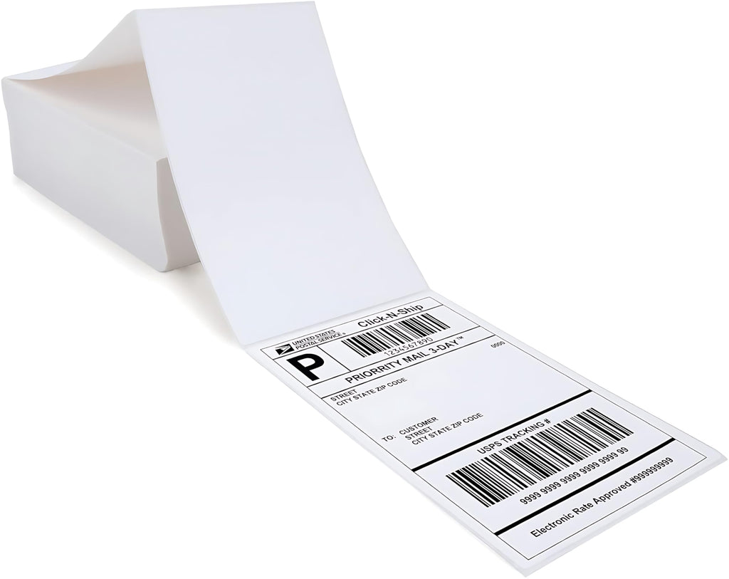 Pokanic Fanfold 4 x 6 inch Thermal Labels Stack Direct White Strong Adhesive Perforated Postage Shipping Printer Compatible with Zebra SNBC Epson Rollo