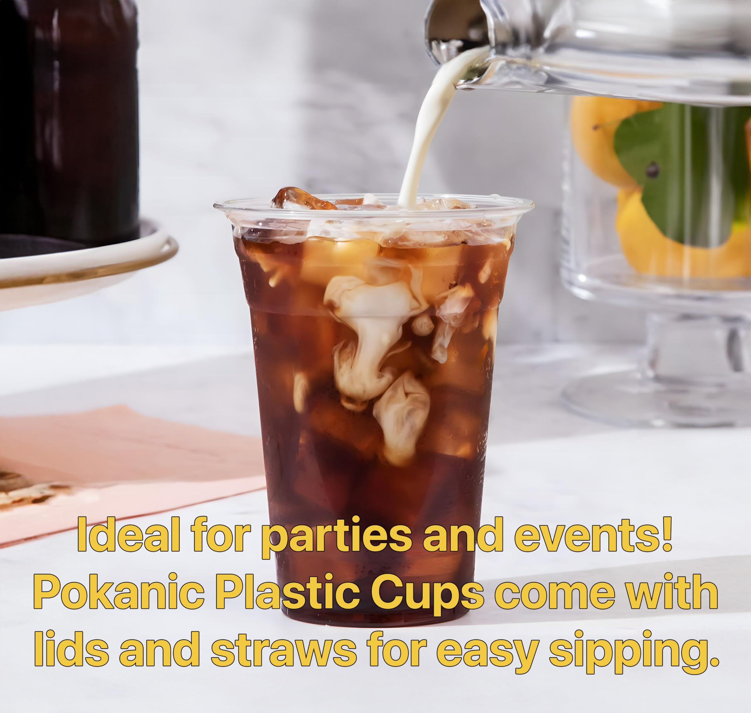 Pokanic Plastic Clear Cups [ oz] with Lids and Straws [ Set] Disposable Cold Beverage Drinking Iced Coffee Water Juice Tea Party Travel Cafe School Office Home Kitchen