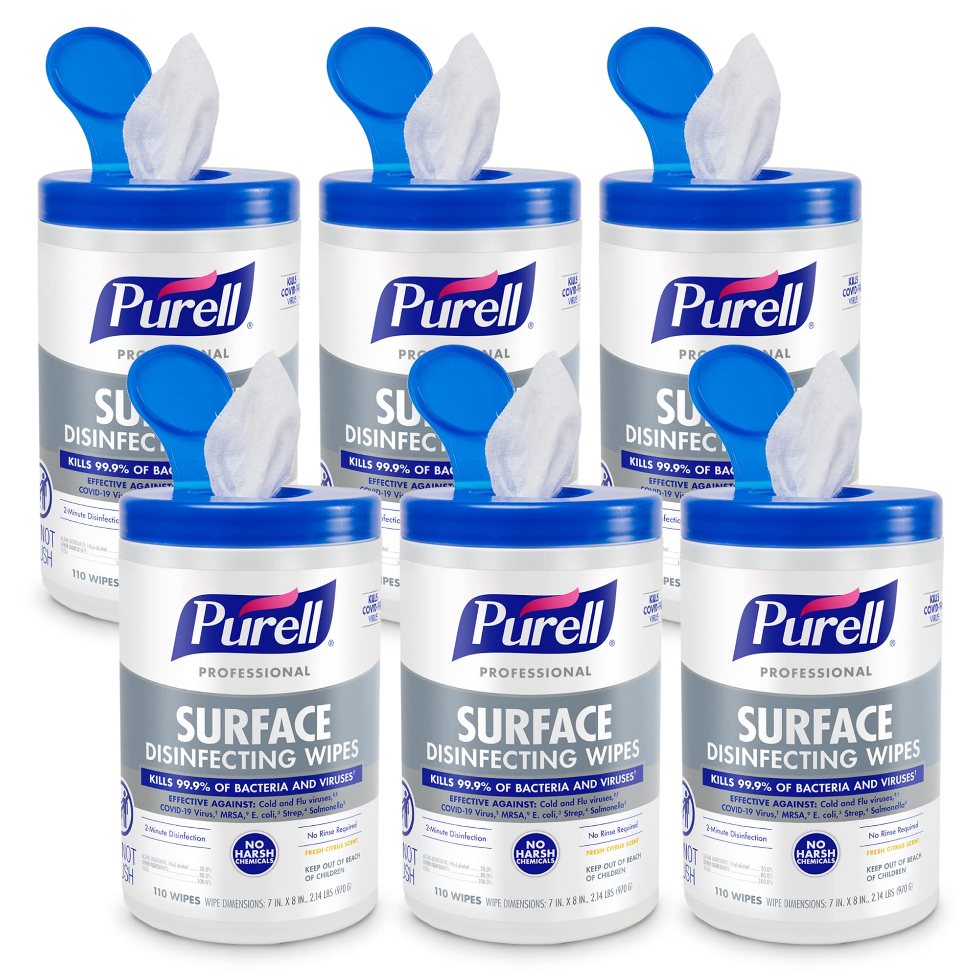 PURELL Professional Surface Disinfecting Wipes, Citrus Scent, 110 Count Canister, 7"x 8" Wipes (Pack of 6) - 9342-06