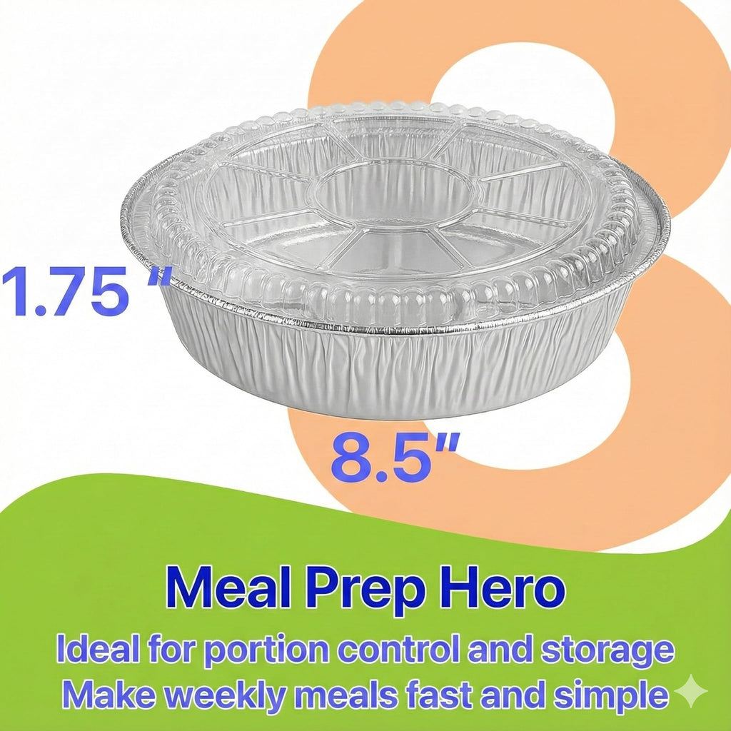 Pokanic Aluminum Foil Pans Round with Clear Dome Lids Recyclable Disposable Containers Straight Walls for Storing, Baking, Meal Prep & Reheating Freezer & Oven Safe