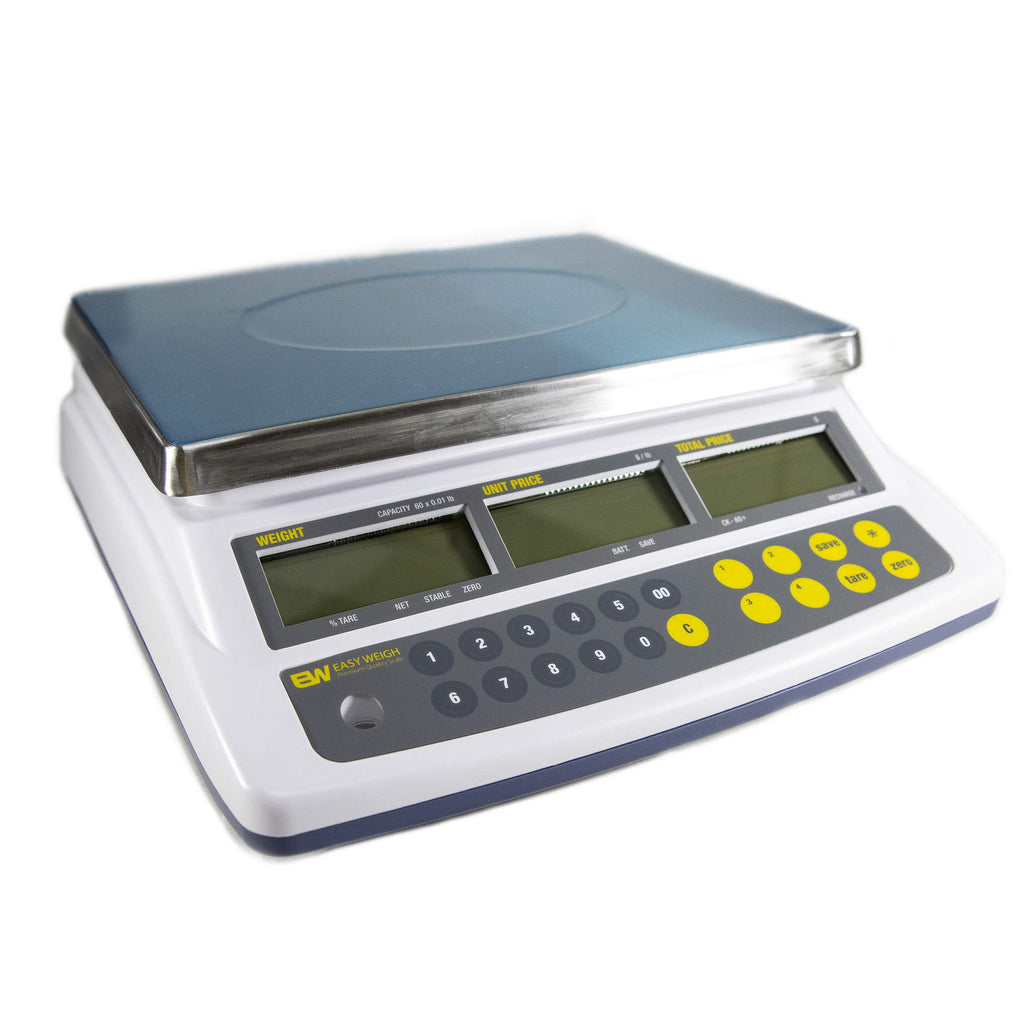 Easy Weigh CK-60 LB x 0.01 Digital Price Computing Scale Rechargeable Battery Operated, NTEP Approval Class III, LCD Display, Portable Compact, Stainless Steel Platter, (60 LB - Interface)