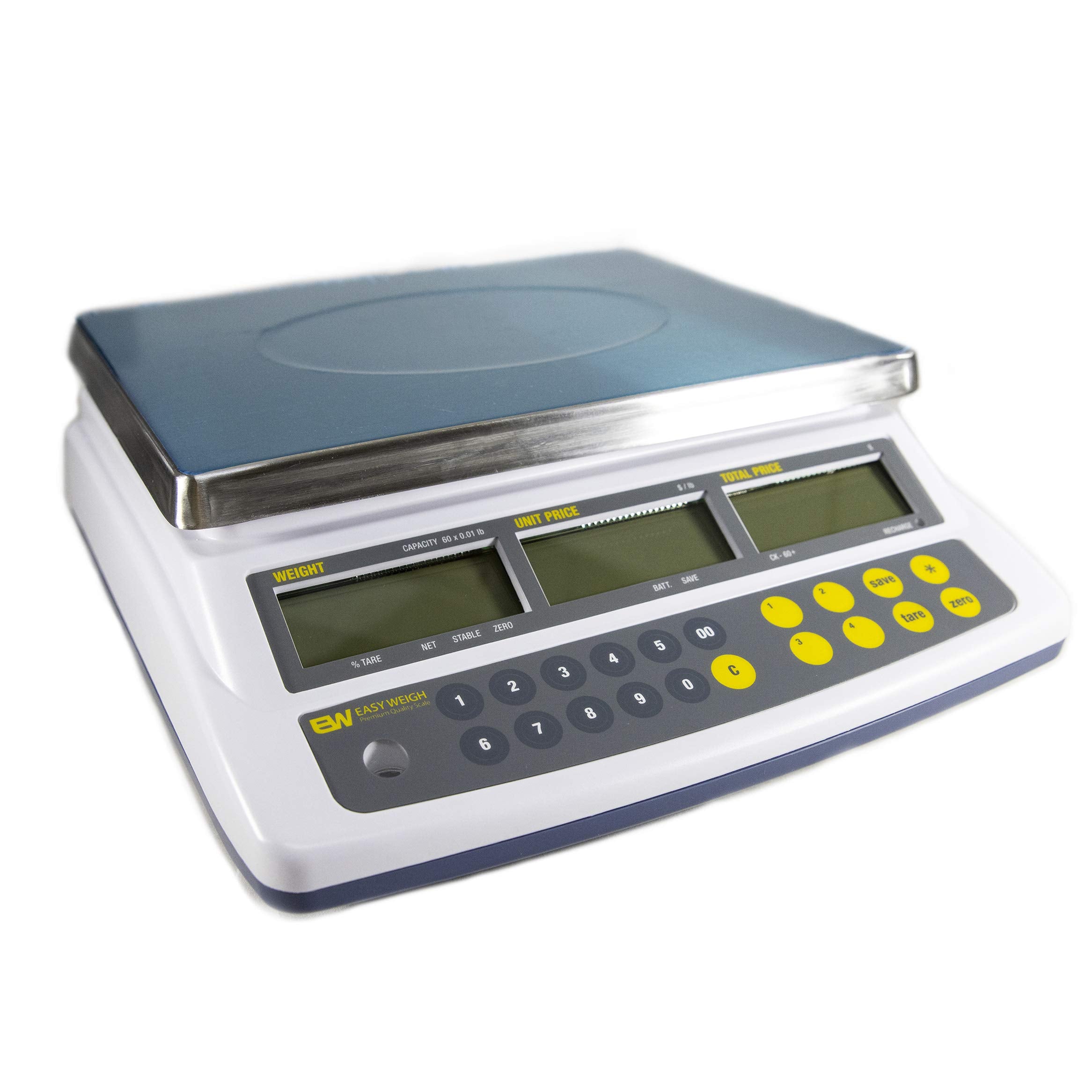 Easy Weigh CK-60 LB x 0.01 Digital Price Computing Scale Rechargeable Battery Operated, NTEP Approval Class III, LCD Display, Portable Compact, Stainless Steel Platter, (60 LB - Interface)