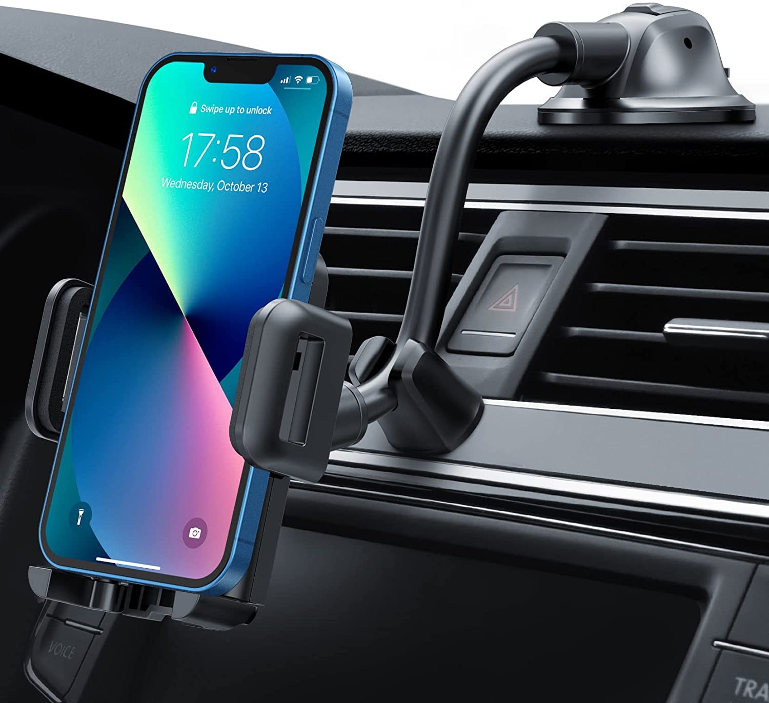 Pokanic Car Cell Phone Mount Adjustable 360 Rotation Stand Holder Three-Side Grips Design One Touch Clamp Compatible with iPhone Galaxy Note Pixel Universal