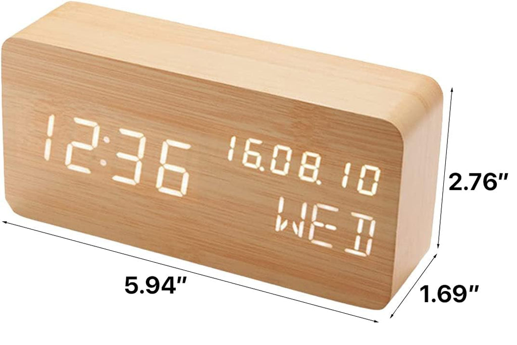 Pokanic Wood Digital Alarm Clock Desk Time, Date(MM/DD/YY), Day of The Week, Temperature, Nightlight Large LED Display Portable Lamp Bedroom, Office, School, Home, Livingroom, Room